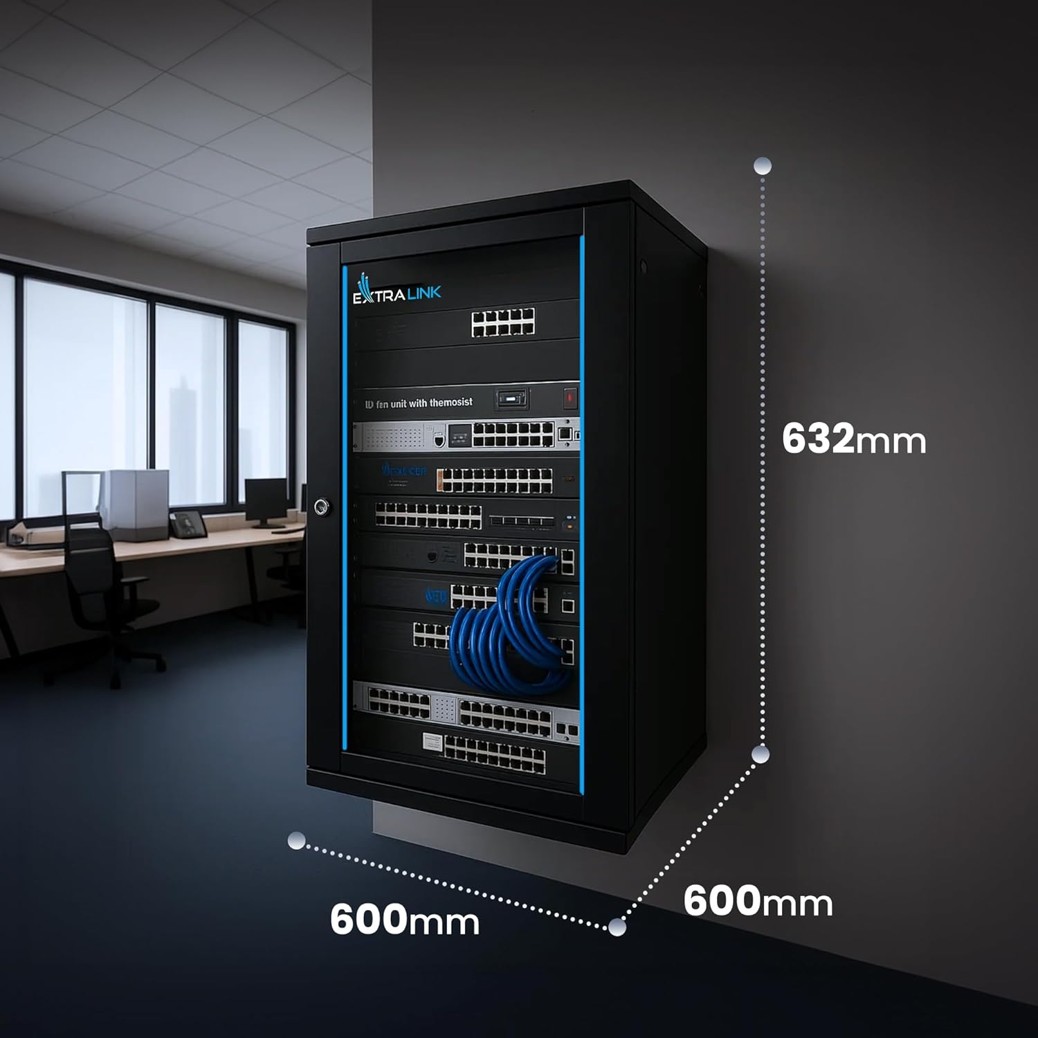 Thumbnail 5 de Extralink Serverschrank 19 Zoll 12HE – Netzwerkschrank mit 600 mm Tiefe, Wand- oder Standmontage, gehärtete Glastür, abschließbar