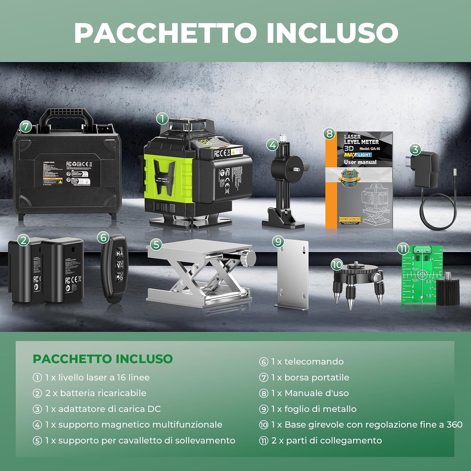 Thumbnail 6 de Livella Laser Autolivellante 16 Linee 4x360° Verde con TeleComando e Accessori
