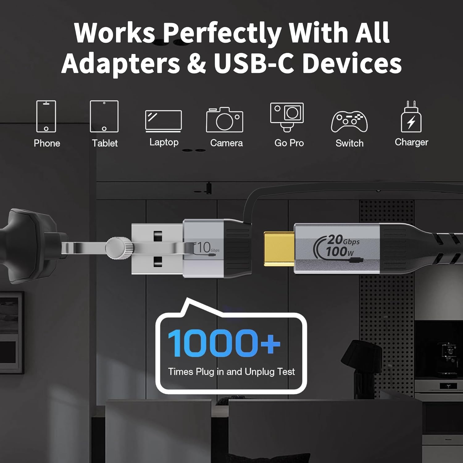 Thumbnail 5 de HOTUTUKI 2-in-1 USB A to USB C Cable 30cm, Braided nylon, 20Gbps USB-C to USB-C with detachable USB-A adapter