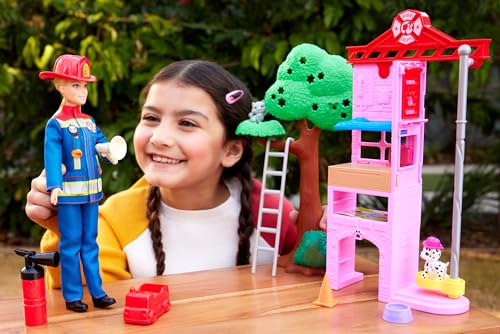 Detalle de Barbie Careers Firefighter Doll & Playset with Fire Station & Tree, 2 Pets, Colour-Change & 10+ Accessories