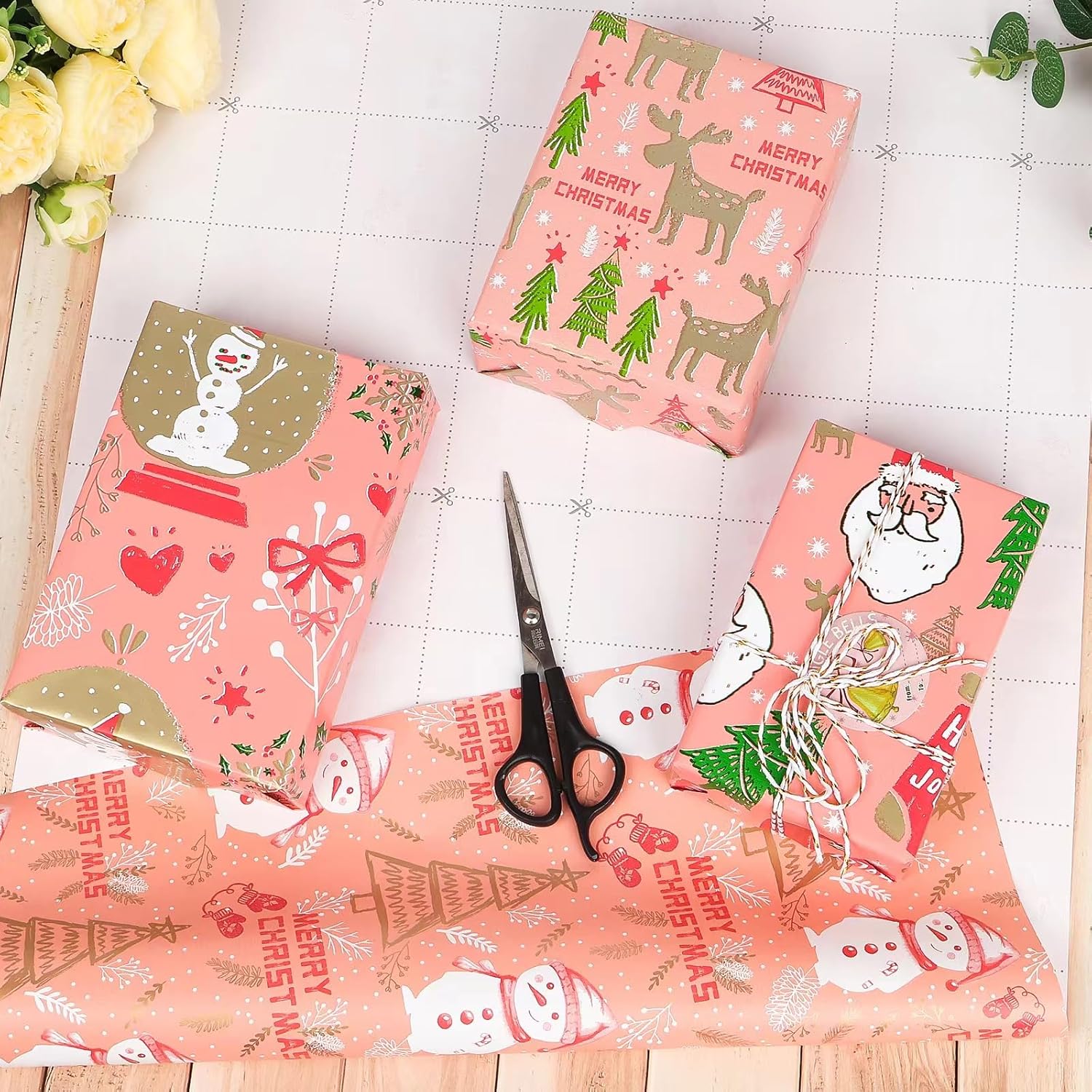 Thumbnail 3 de HBell Christmas Wrapping Paper Roll – 4 Rolls in Pink, 43cm x 3m Each