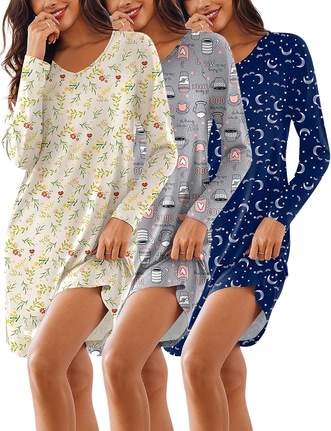 Detalle de Ekouaer 3-Pack Women's Long-Sleeve Nightgowns in Soft Stretch Fabric