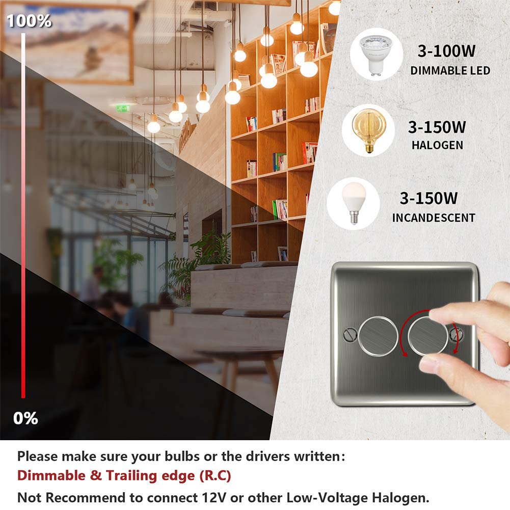 Detalle de iolloi LED Dimmer Switch 1/2 Gang: Dimmable Rotary On/Off, 0–100% Dim, Brushed Steel