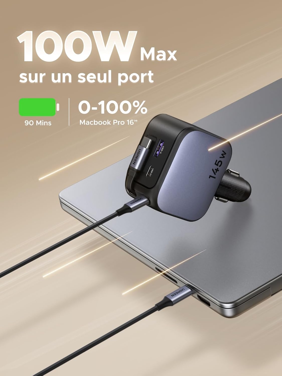 Thumbnail 2 de UGREEN Nexode 145W 4 en 1 Chargeur Allume-Cigare Rétractable – USB-C/USB-A pour iPhone, MacBook et plus