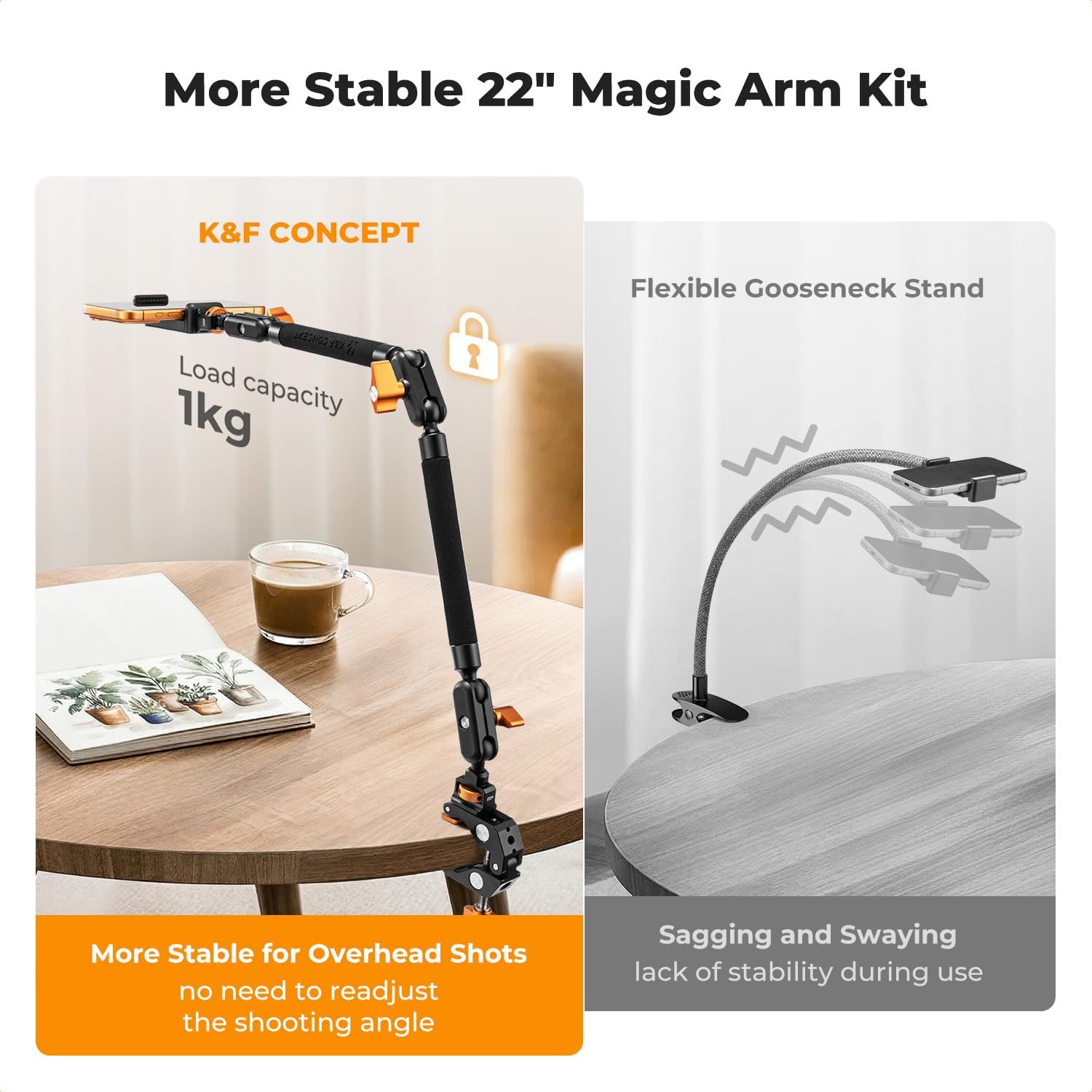 Thumbnail 6 de K&F CONCEPT 22" Magic Arm Clamp overhead desk camera mount with action camera adapter