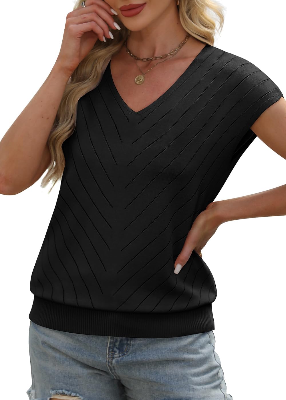 Thumbnail 2 de WIHOLL Women’s Short Sleeve V-Neck Sweater (Cap Sleeves) for Summer, Travel, and Business Casual