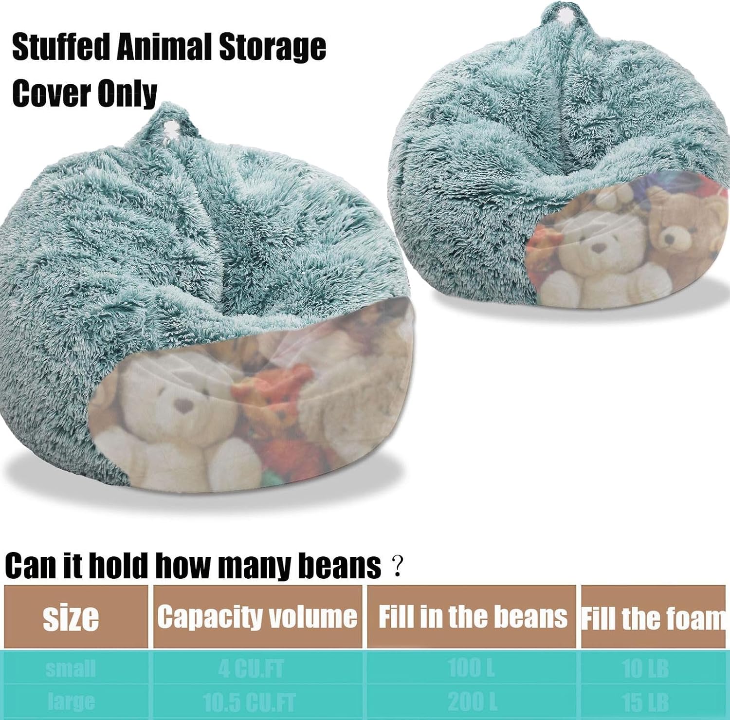 Detalle de Kisoy KQ-001DGreenS Stuffed Animal Storage Bean Bag Cover, Dark Green Faux Fur