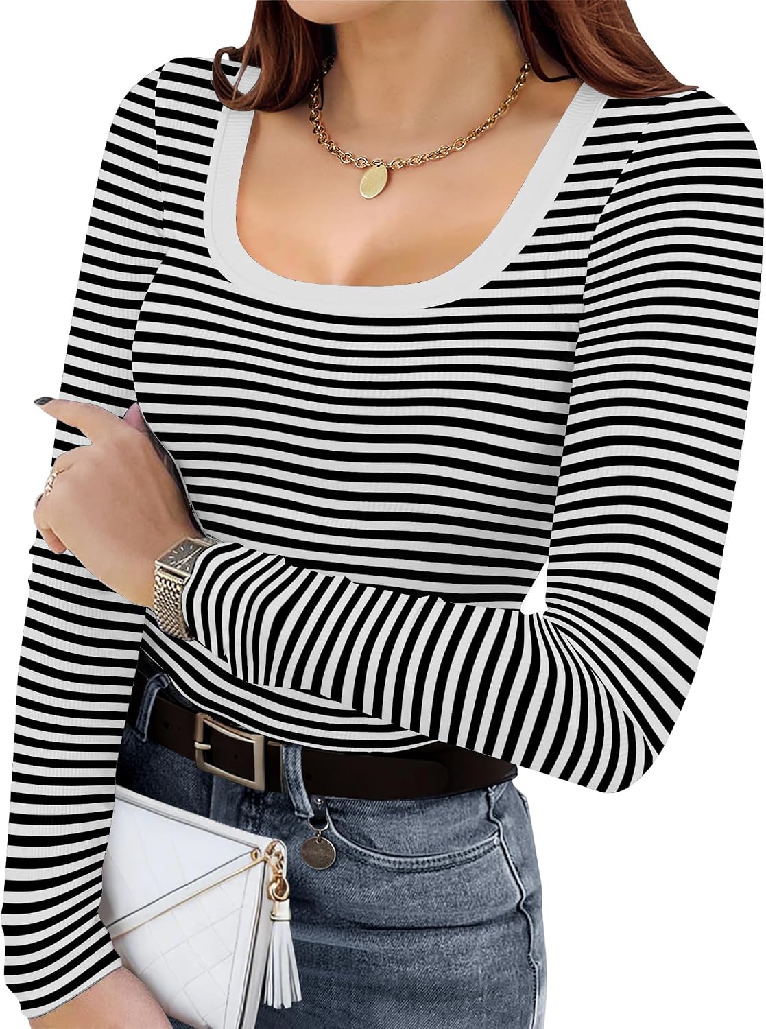 Detalle de DUOEASE Langarmshirt Damen Basic Slim Fit mit U-Ausschnitt – 92% Rayon/8% Elasthan, schlicht & elastisch