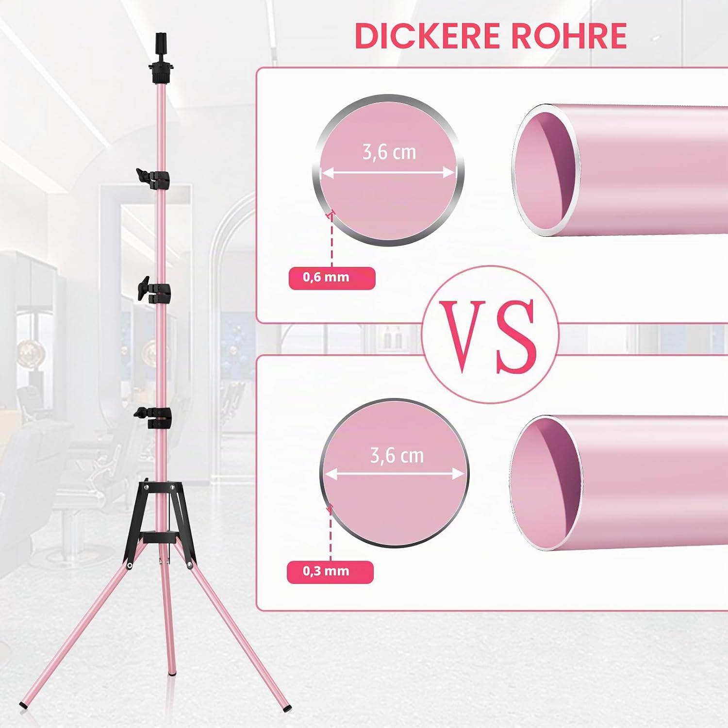Detalle 2 de CASDUCT Mannequin-Kopfständer (160 cm), verstellbarer Perückenständer aus verstärktem Metall – für Friseurtraining & Kosmetologie (rose)