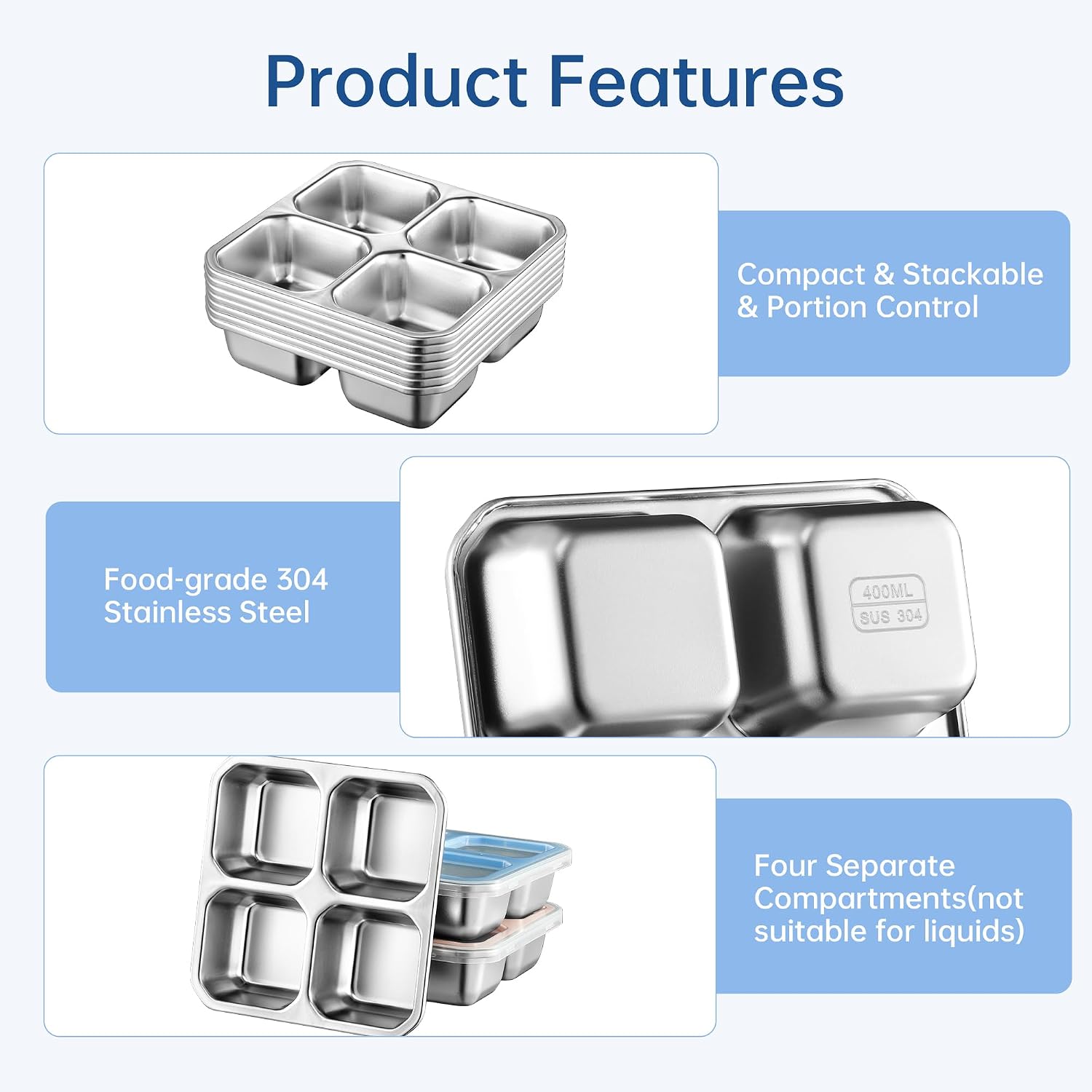 Detalle de Misichao 4-pack RVS-bentobox met 4 vakken, stapelbaar en 400 ml