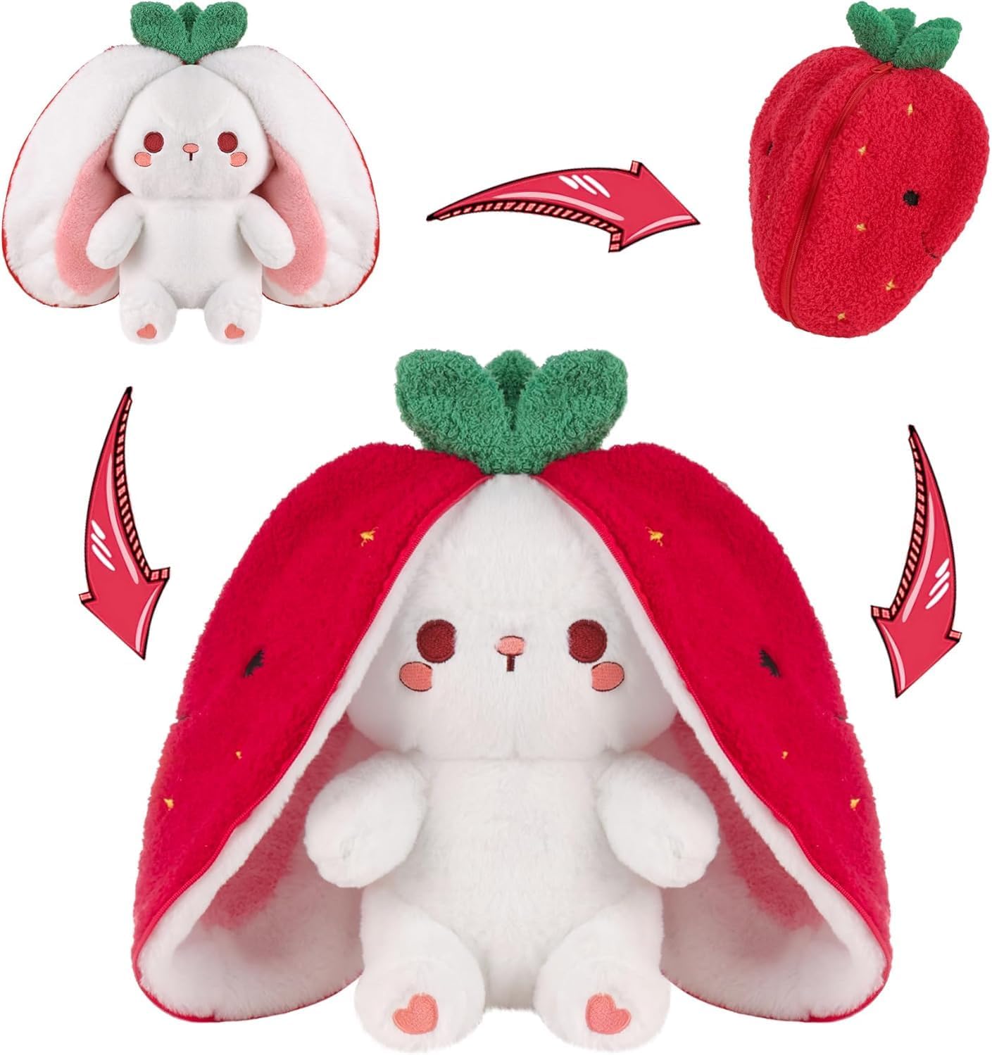 seOSTO Easter Strawberry Bunny Plush (7 inch / 18cm) reversible rabbit with zipper