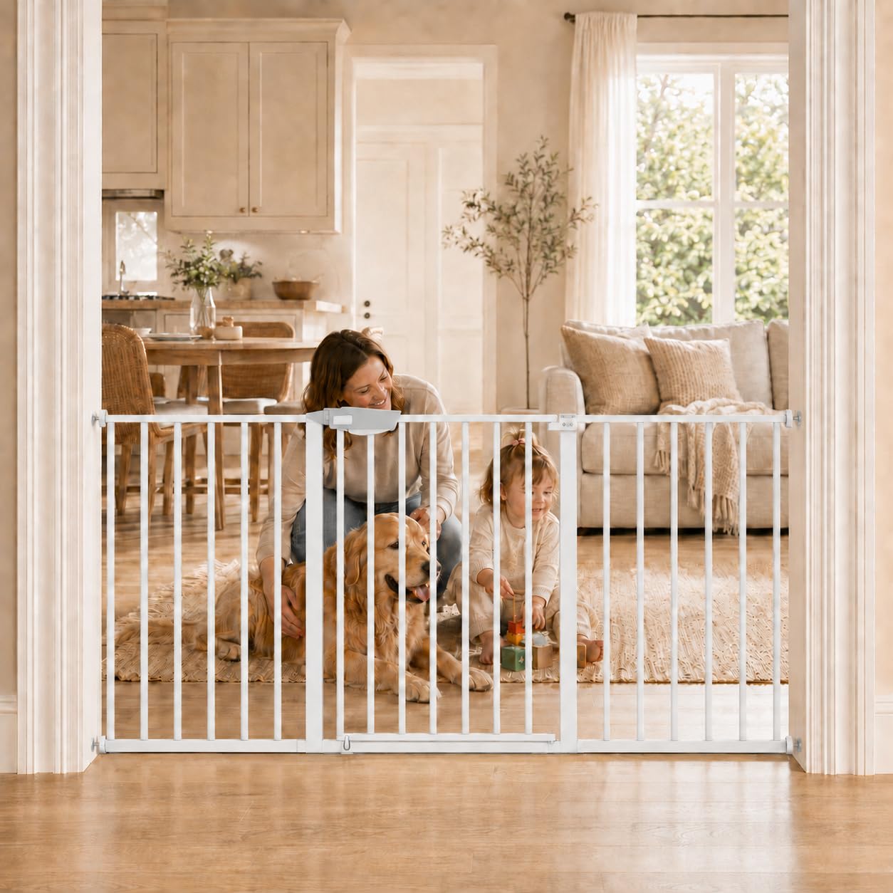 Detalle de WAOWAO Triple Lock Baby Gate, Extra-Wide 57.87–62.59-Inch White Metal