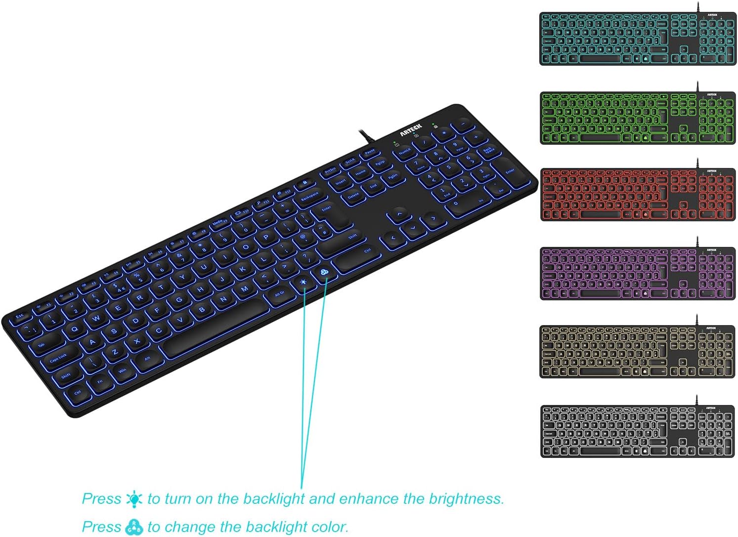 Thumbnail 4 de Arteck USB Wired Keyboard 1.8M Backlit, 7‑colour