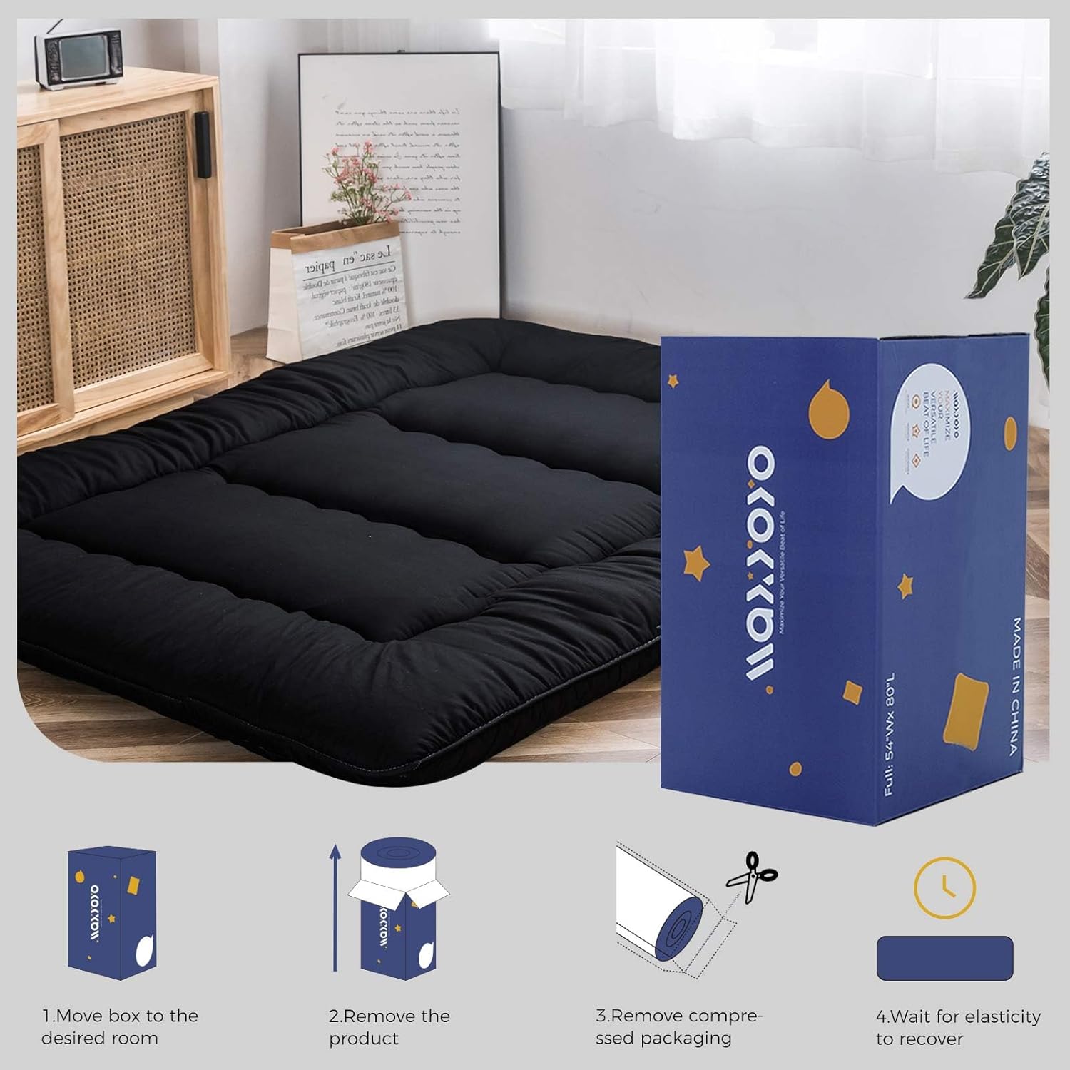 Thumbnail 2 de MAXYOYO Japanese Floor Mattress Futon 4" Tatami Mat (King, Black) — Foldable Roll-Up Sleeping Pad