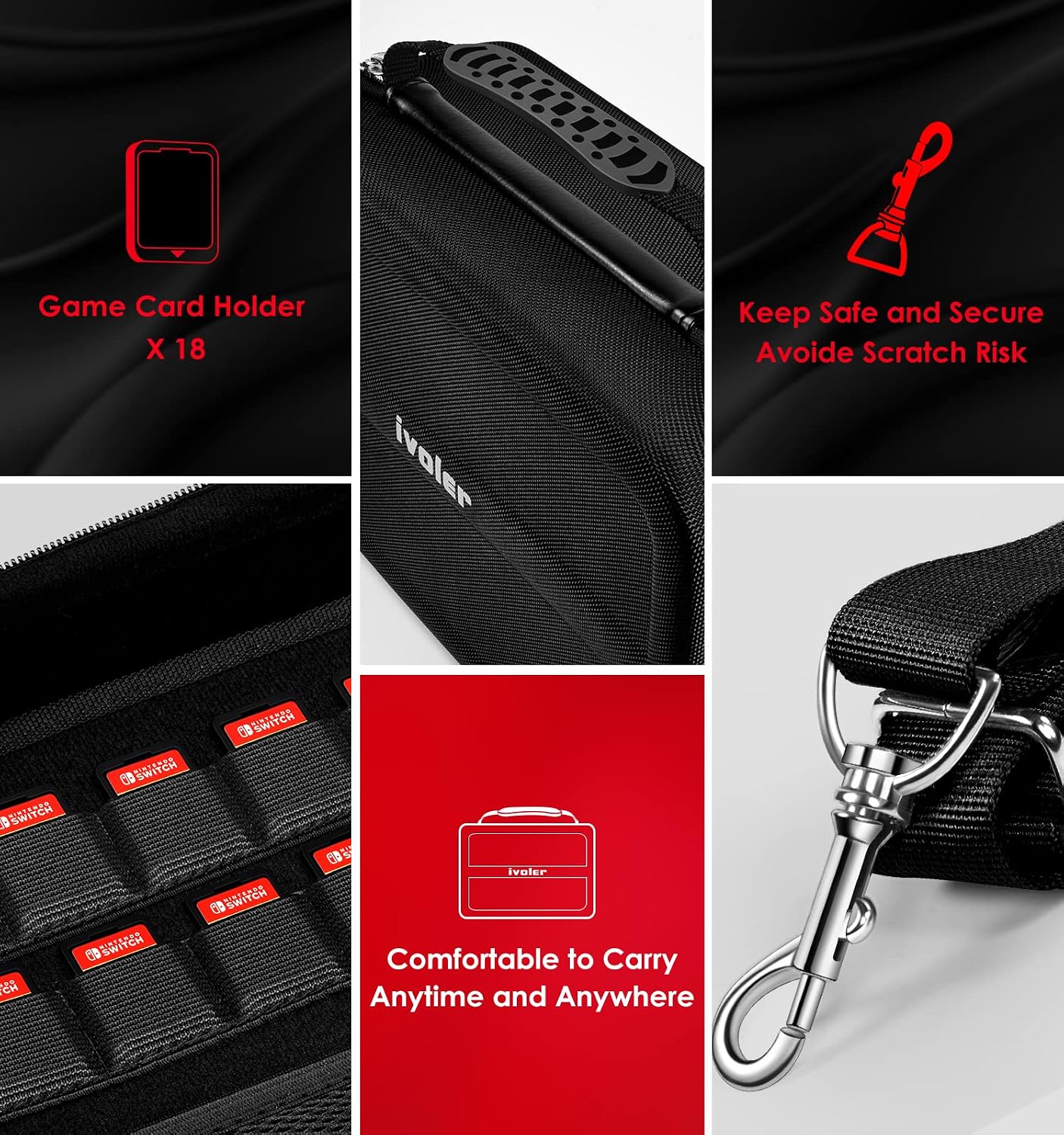 Detalle 2 de iVoler zerkar Nintendo Switch Carrying Case, EVA Hard Shell, 18-Game Storage