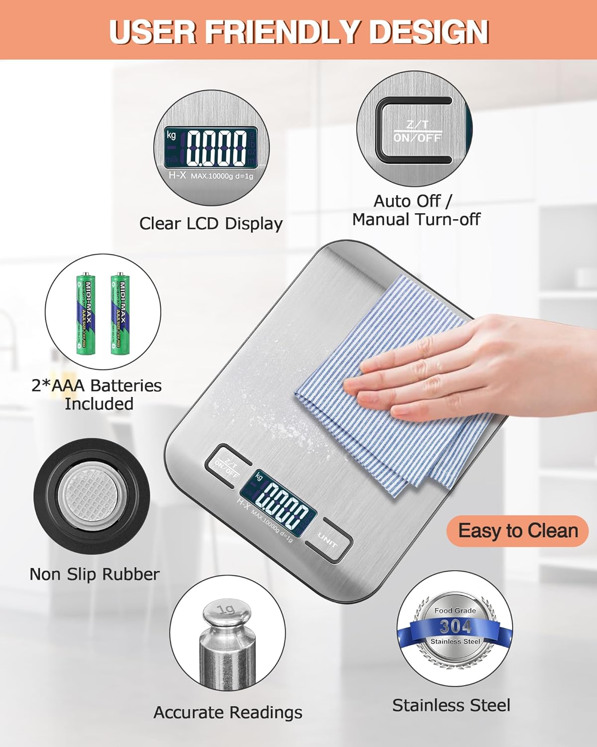 Thumbnail 5 de Digitale Küchenwaage mit LCD-Display, Tara-Funktion und 1-g-Schritten (bis 10 kg) – Silber
