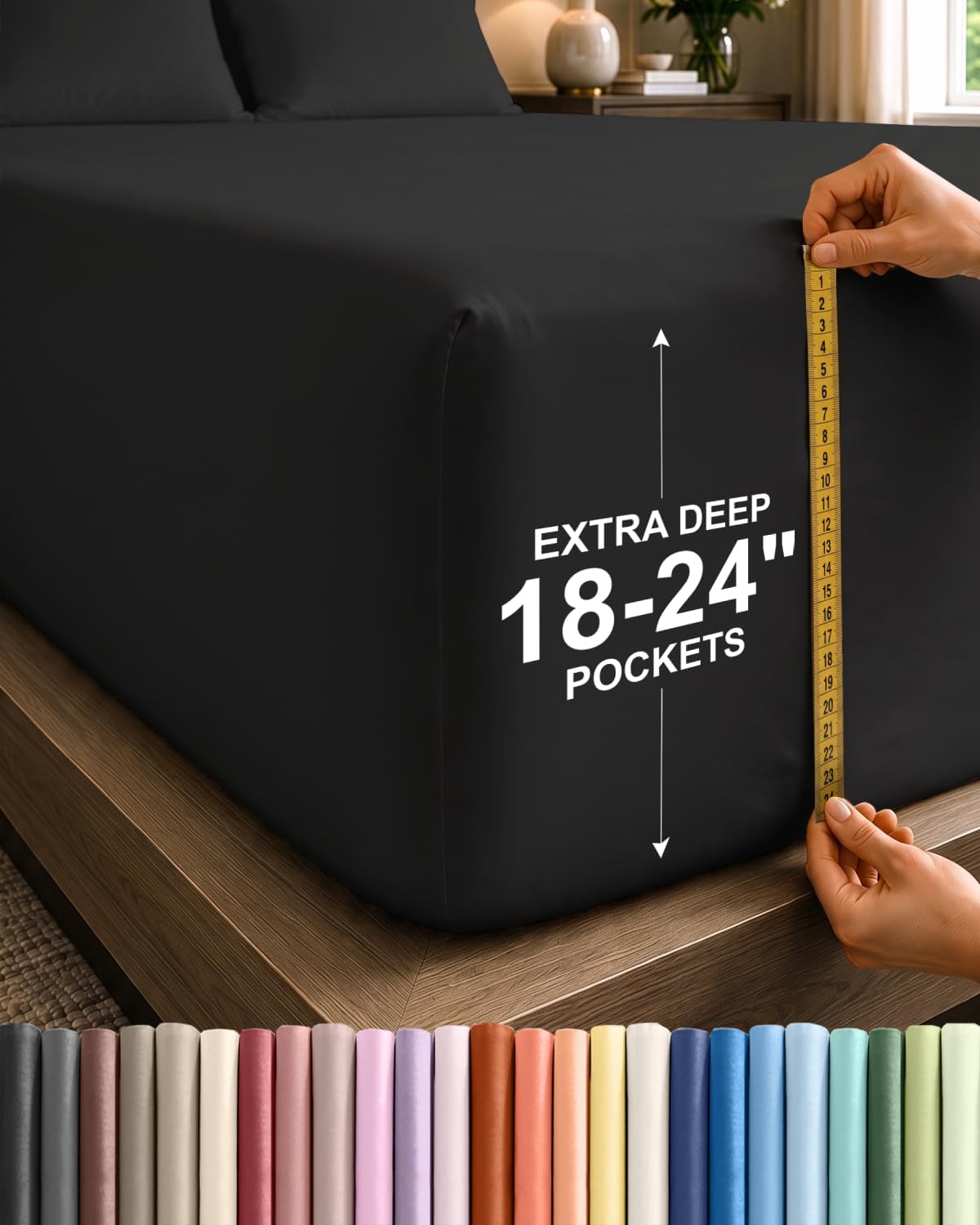 Detalle de CGK Unlimited Extra Deep King Fitted Sheet (Hotel Luxury) - Black, Ultra Soft Wrinkle Free Deep Pocket