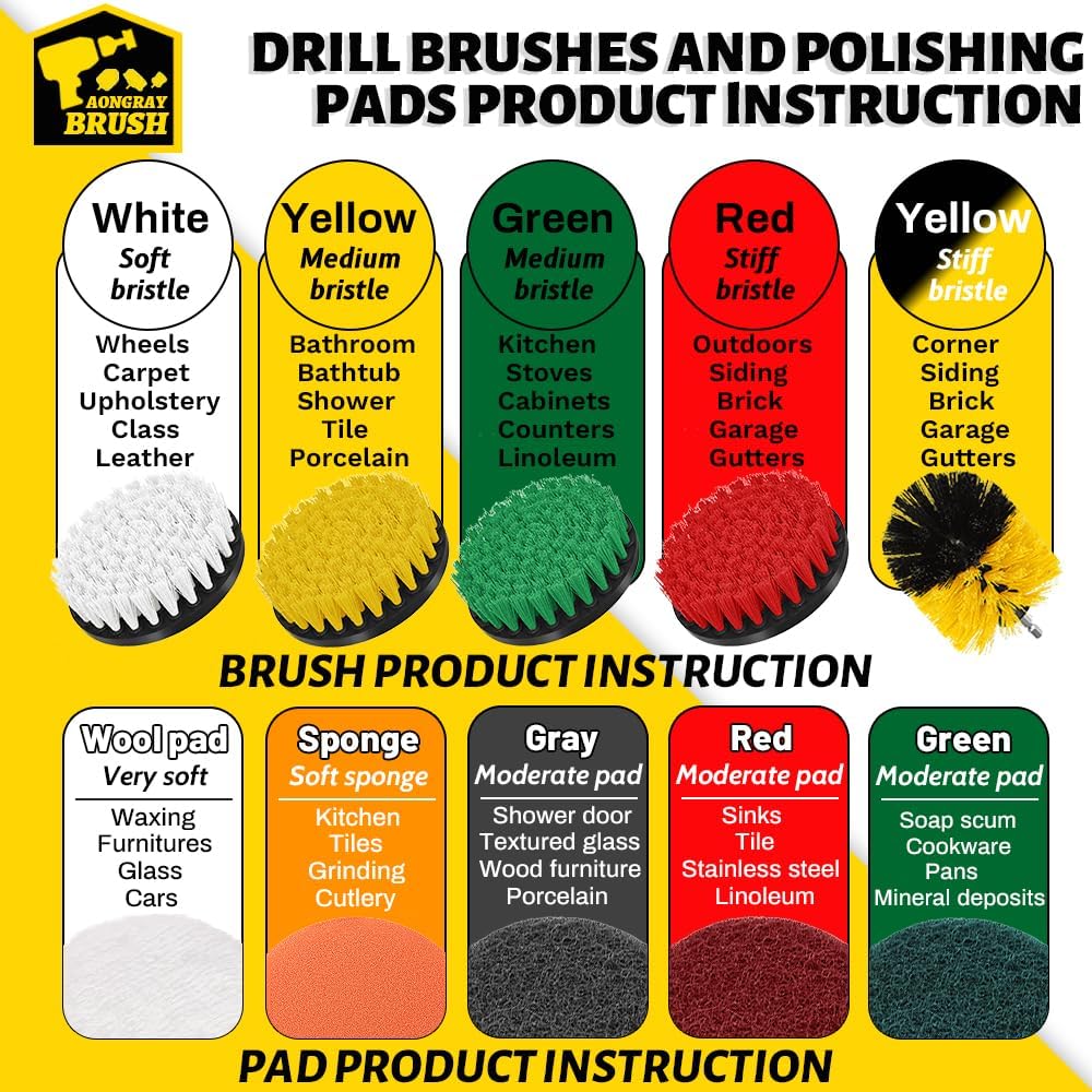 Detalle de Aongray Drill Brush Attachment Set (22 pieces) – 1/4in Hex, with Extension Pole and Scrubbing Pads