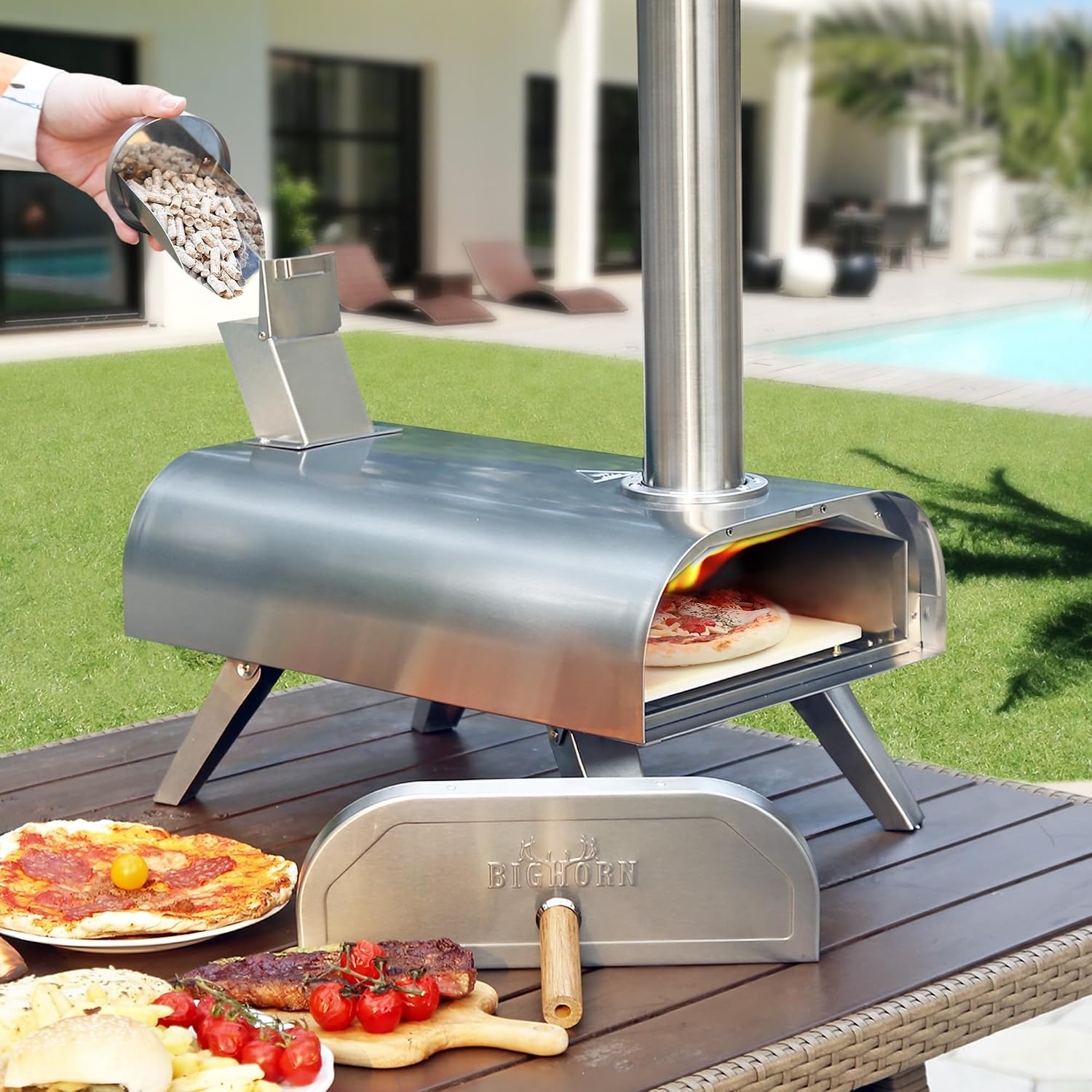 Detalle de BIG HORN OUTDOORS Wood Pellet Pizza Oven — portable stainless steel pizza maker for Neapolitan-style pies