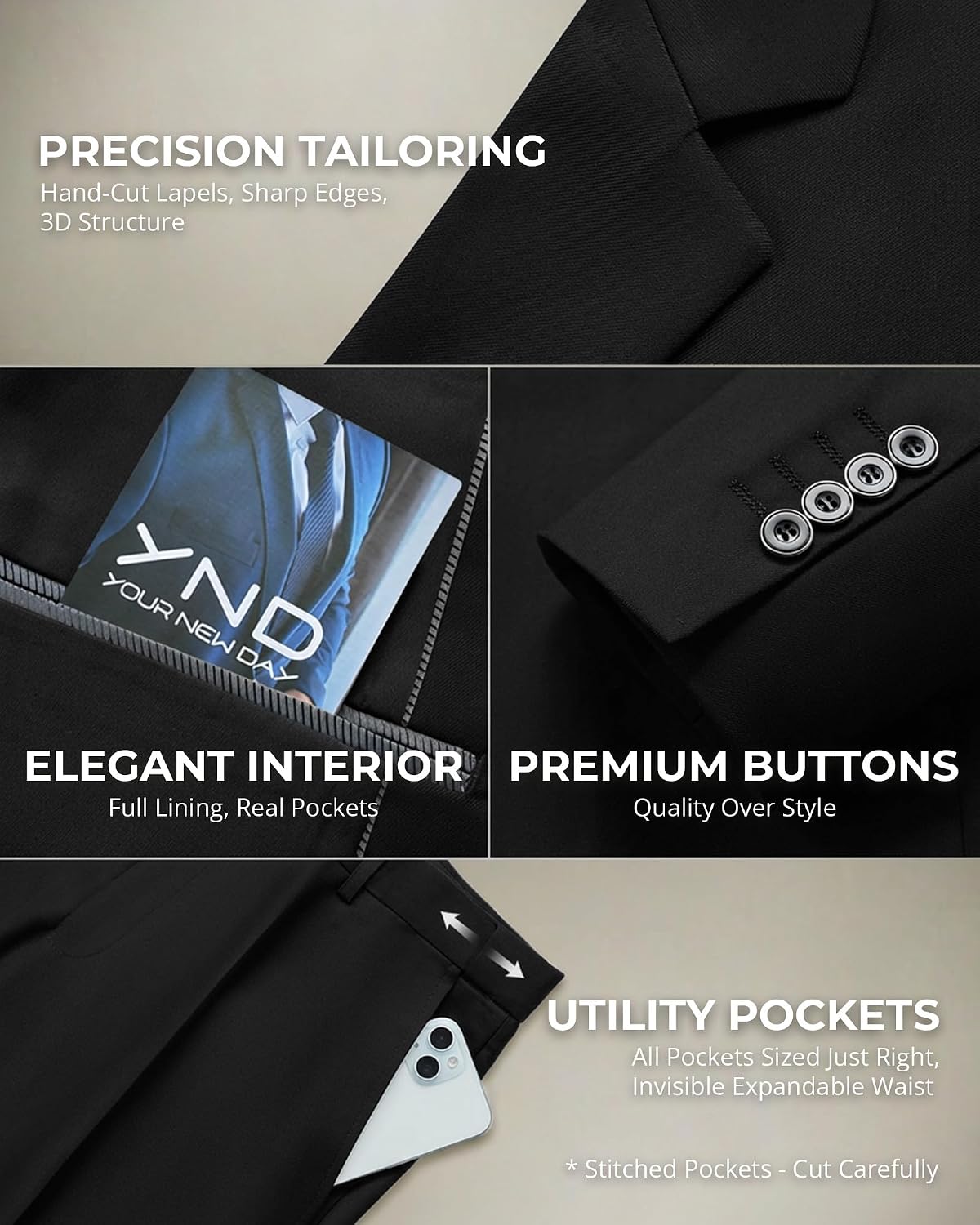Thumbnail 3 de YND Men's 3 Piece Suit Set with Tie — Slim Fit 2-Button Blazer, Vest, and Pants in 29 Colors