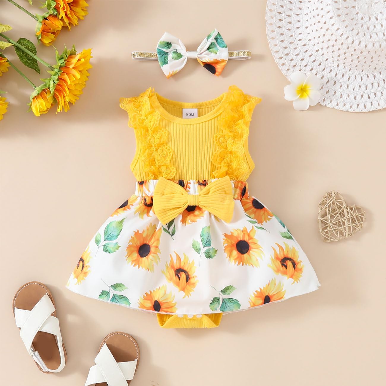 Detalle 2 de HEOXIN Babykleidung Kleid Mädchen – Spitzenkleid mit Druckknopf im Schritt, Stirnband & Schleife, 0–18 Monate