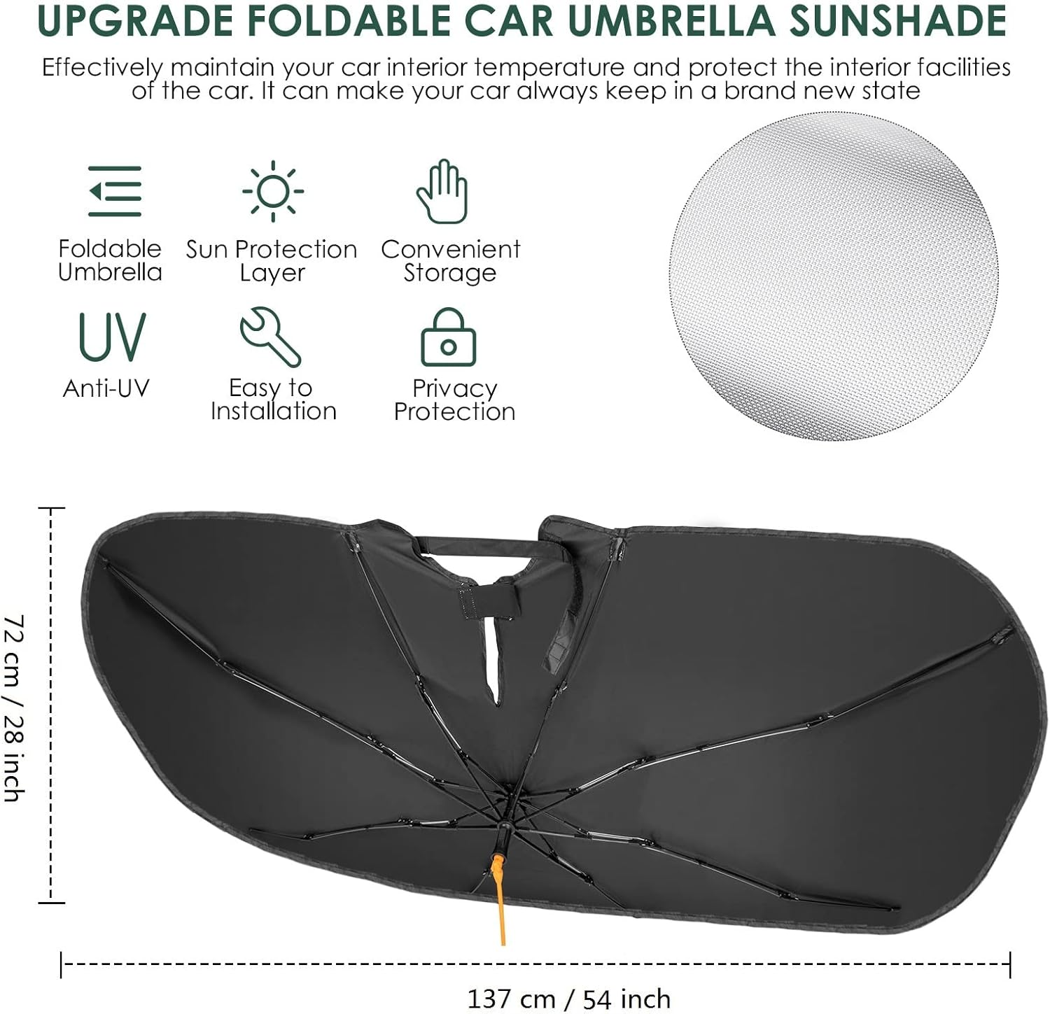 Thumbnail 3 de Oziral Auto-Sonnenschirm für Frontscheibe faltbar mit 360° drehbarer Stange (72 x 137 cm)