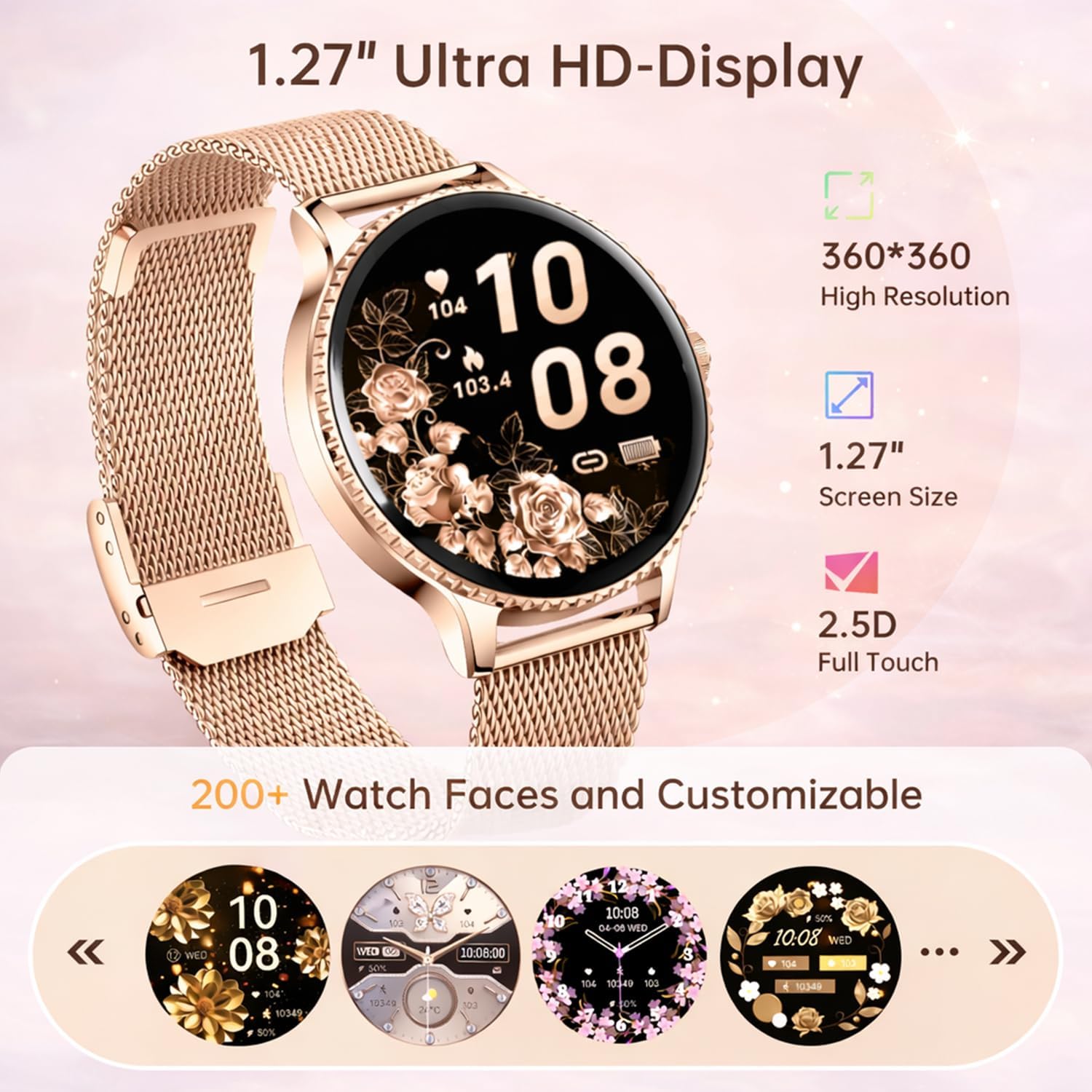Thumbnail 1 de Smart Watch for Women: 1.27" HD Round Display, Bluetooth Calling & 120+ Sports Modes (Rose Gold)