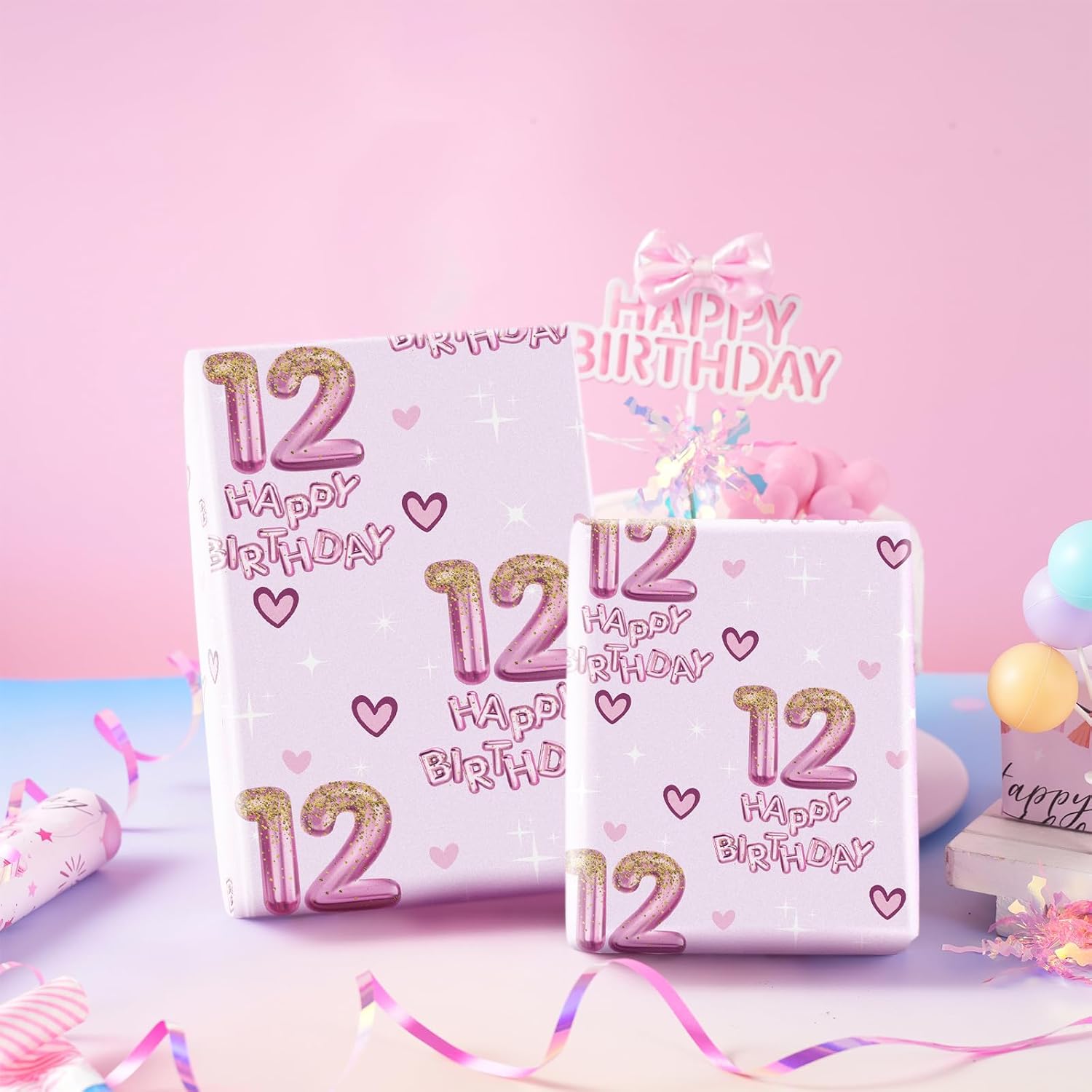 Thumbnail 2 de RUSPEPA 12th Birthday Wrapping Paper for Girls – Hearts and Pink 12 Balloons Happy Birthday Design, Mini Roll 43.2cm x 5m