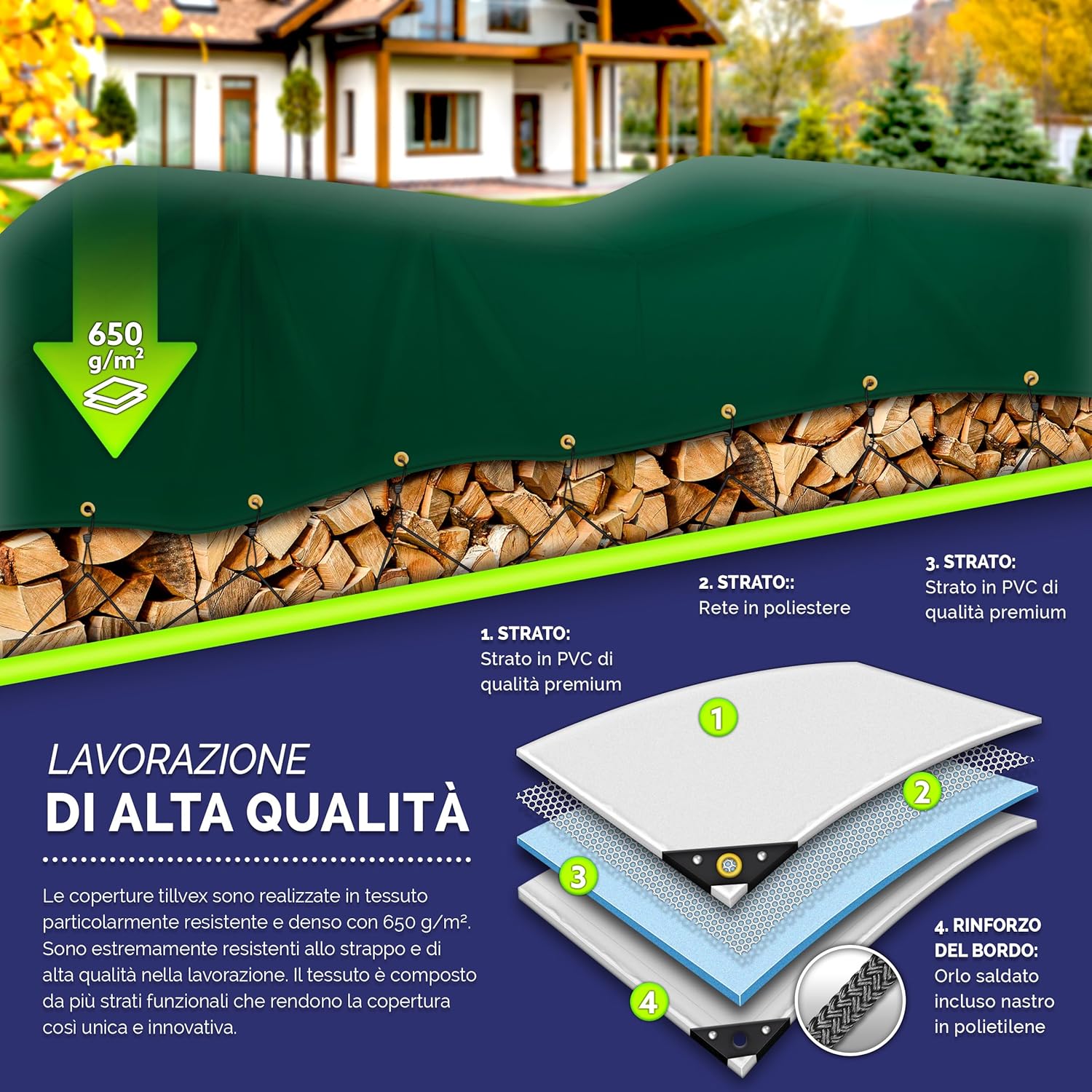 Thumbnail 2 de tillvex® Telone di copertura premium con occhielli e 10 elastici + corda da 15 m, PVC 650 g/m², impermeabile e antistrappo