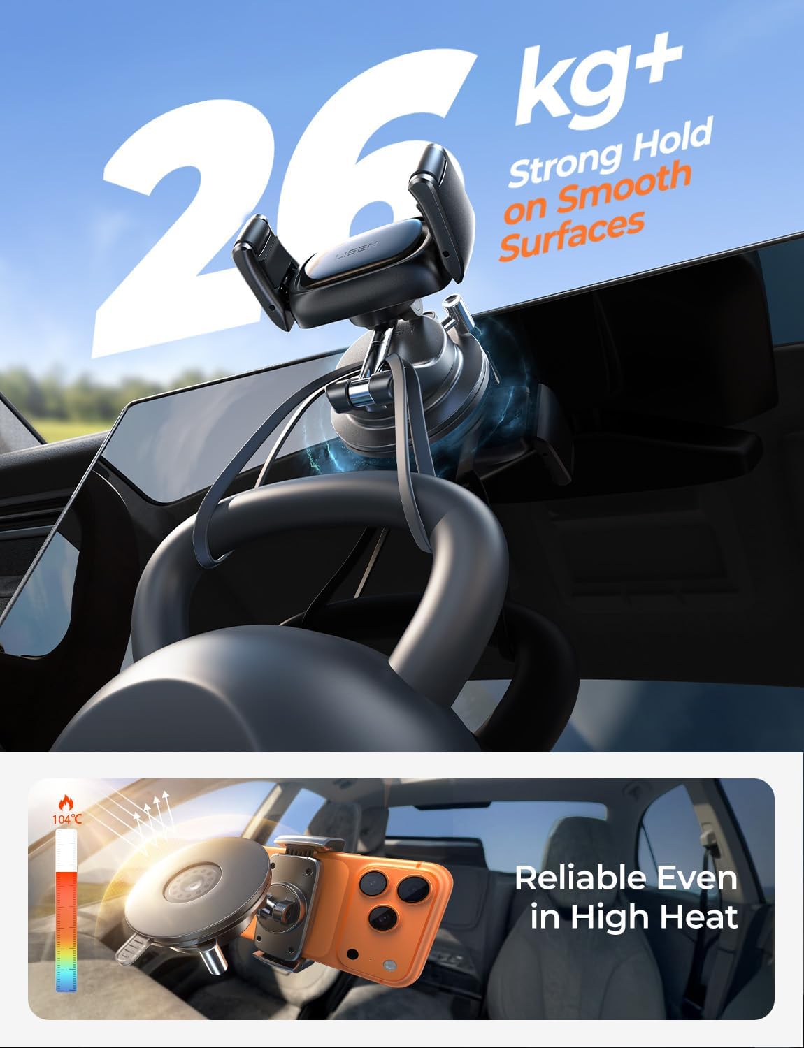Detalle de LISEN Car Phone Holder 2026 self-adjusting suction mount for dashboard and windscreen