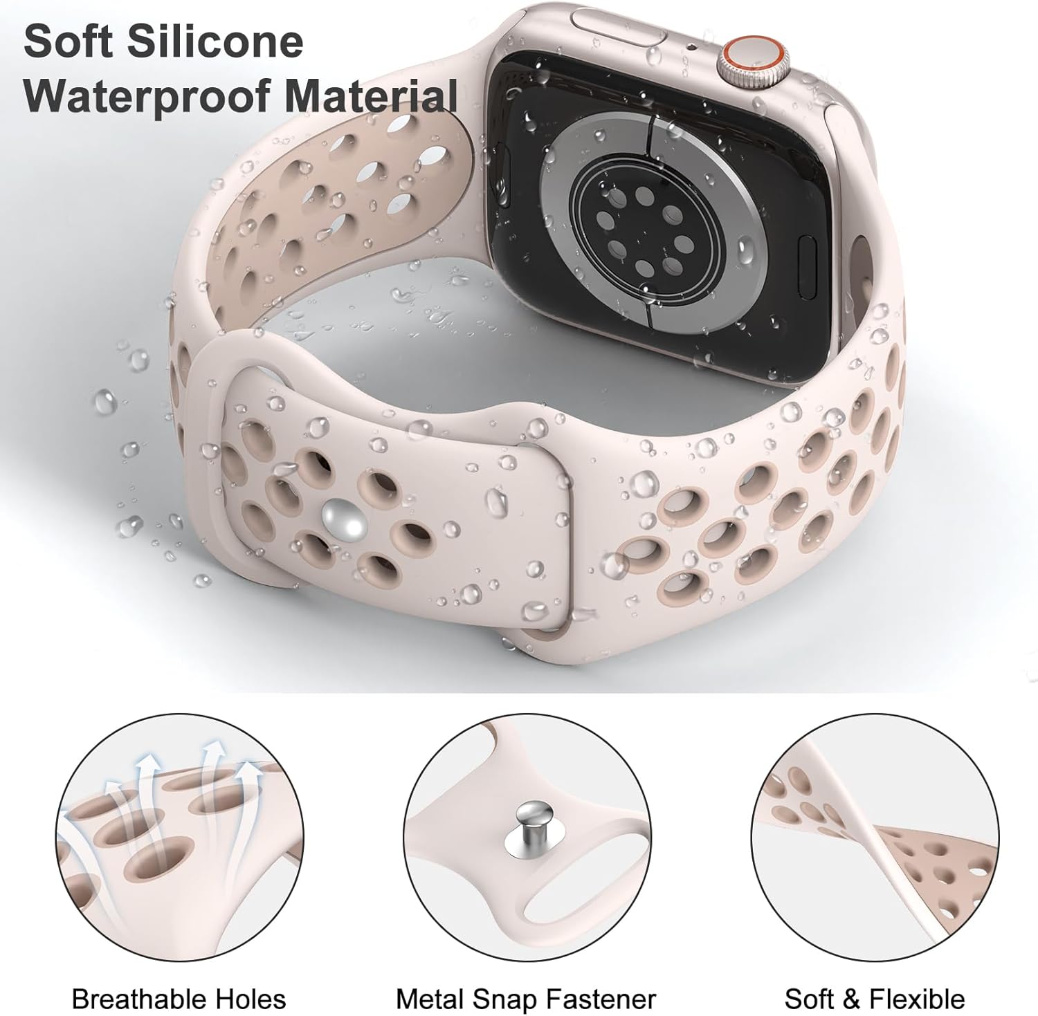 Thumbnail 1 de Yoohoo Breathable Silicone Sport Strap for Apple Watch (38–49mm) with Multi Holes – Starlight