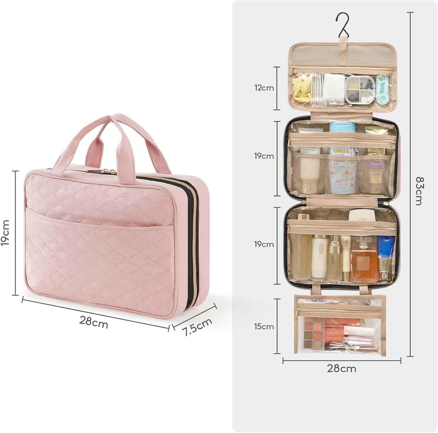 Detalle de Lifewit Reise Kulturbeutel Damen – Große, aufhängbare Kosmetiktasche mit PVC-Design, Rosa (Medium)