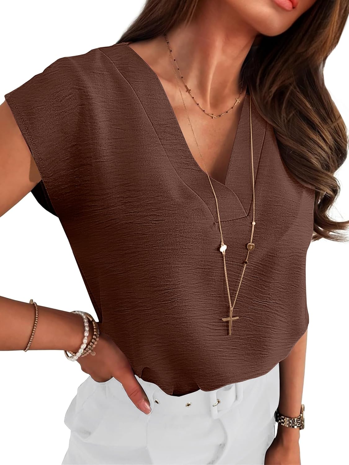 Thumbnail 6 de ANRABESS Women’s Cap Sleeve V-Neck Dressy Casual Tops (Loose Fit, 100% Polyester)