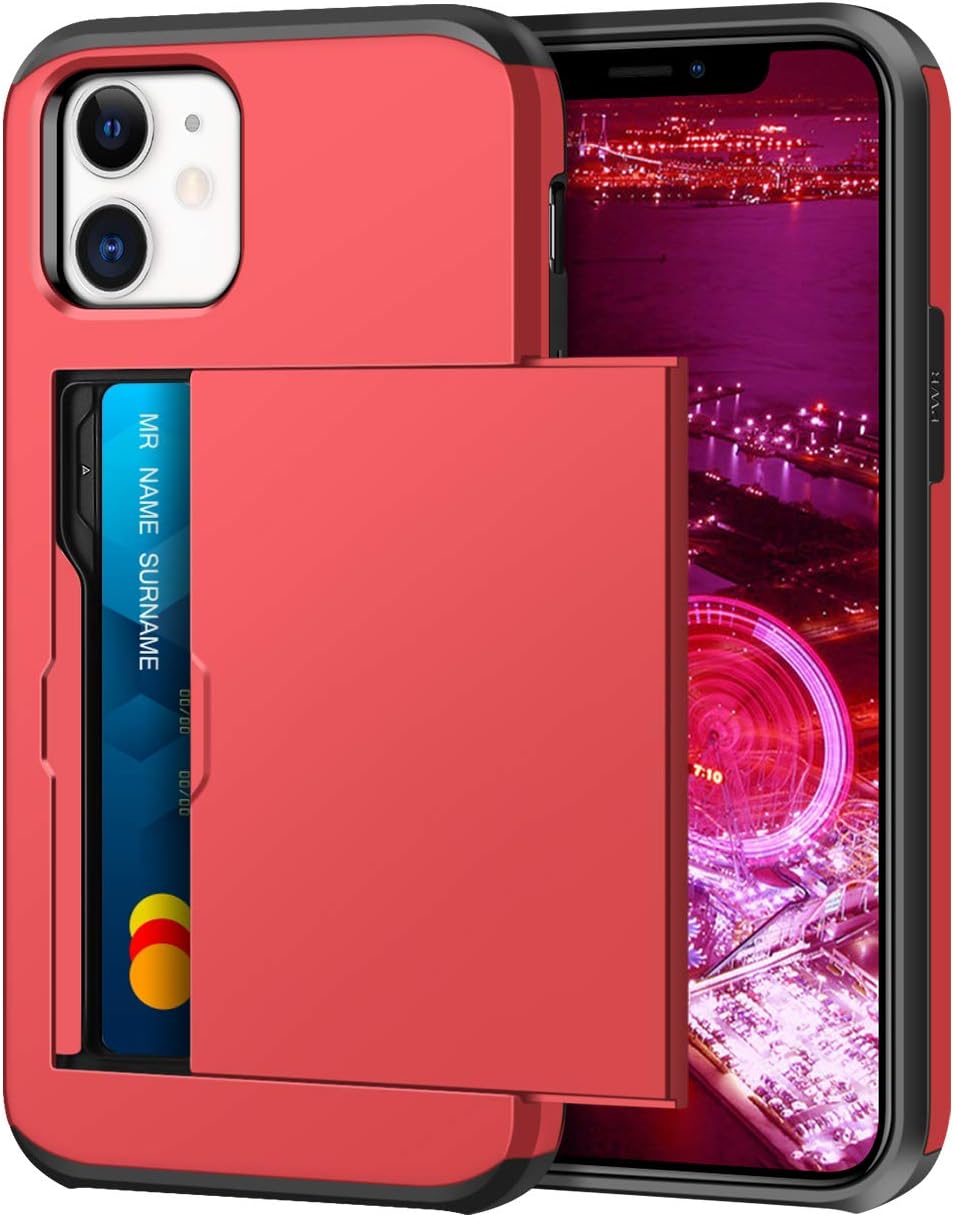Detalle de Coolden Shockproof Wallet Case for iPhone 12 Mini (Red) – Hybrid TPU/PC Protective Case with Card Slot