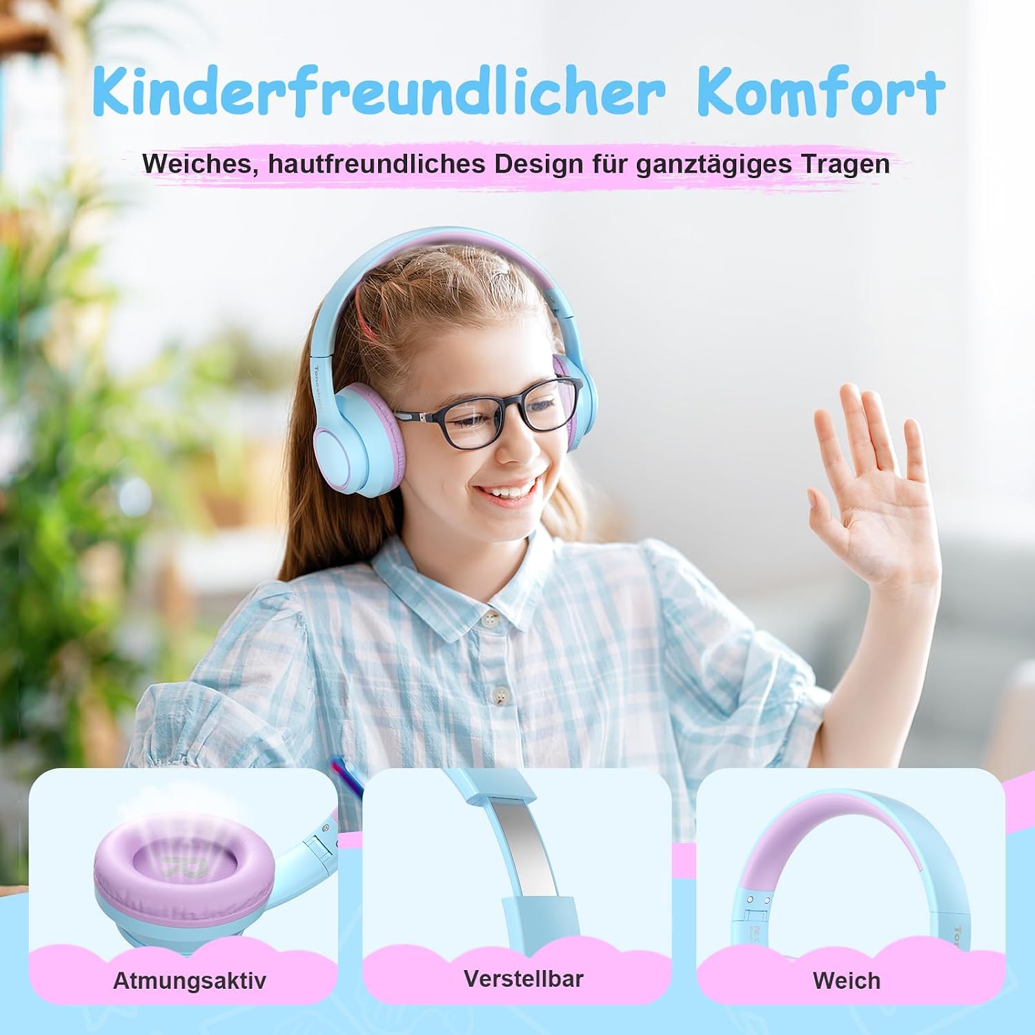 Detalle de TONOSHARK Kinder Bluetooth Kopfhörer – Over-Ear mit Noise Cancelling, 60 Stunden Spielzeit, inkl. Tragetasche (Blau-Lila)