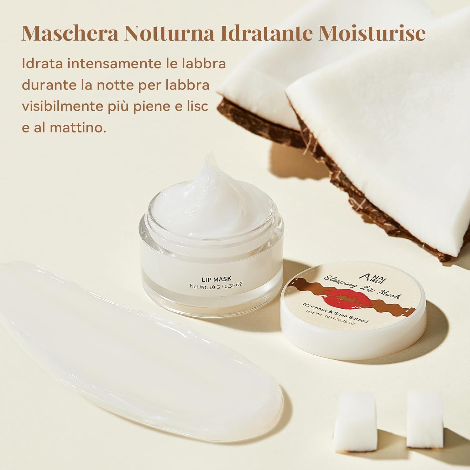 Detalle de ANAiRUi Set Cura Labbra Cocco, Karité e Vitamina E (scrub esfoliante + maschera nutriente notturna)