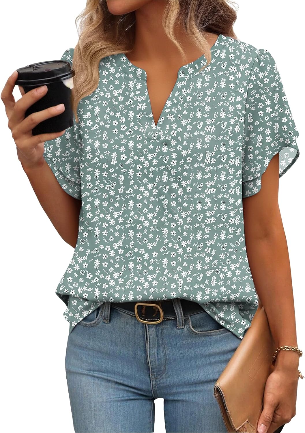 Detalle de Zeagoo Women's Short Sleeve V-Neck Blouse in Lightweight Polyester Crepe
