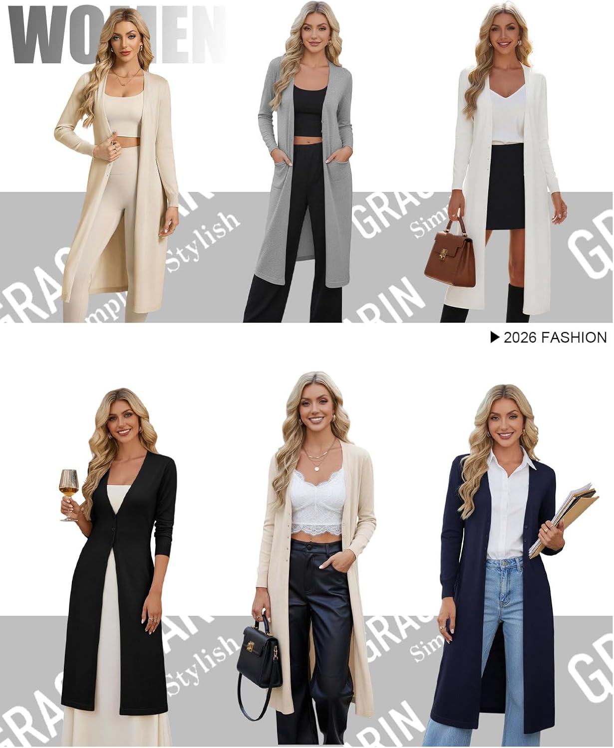 Detalle de GRACE KARIN Women's Long Lightweight Knit Cardigan, V-Neck Button-Front Duster