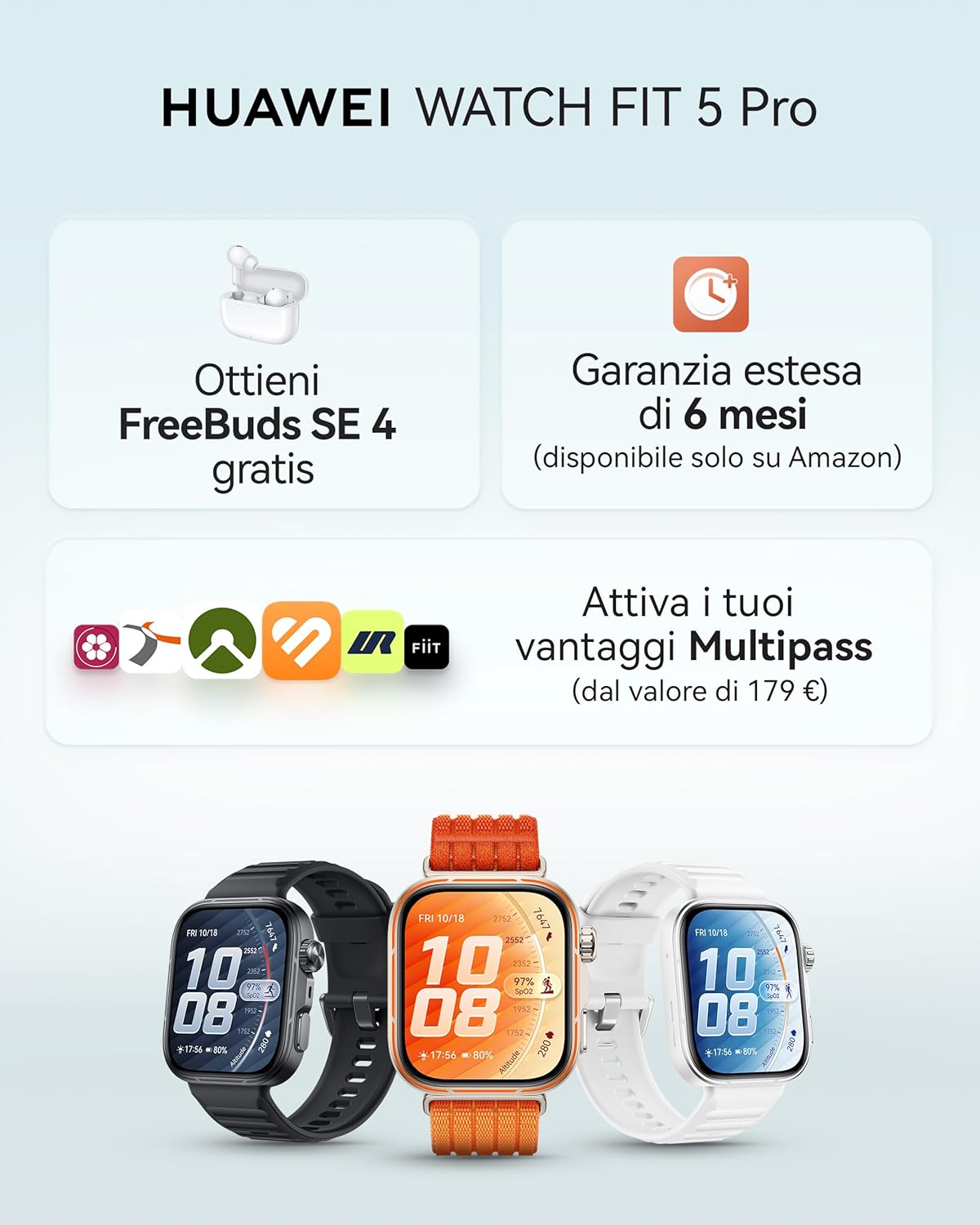 Detalle de Huawei WATCH FIT 5 Pro Arancione + FreeBuds SE 4 Bianco: smartwatch rugged con ECG, GPS e NFC