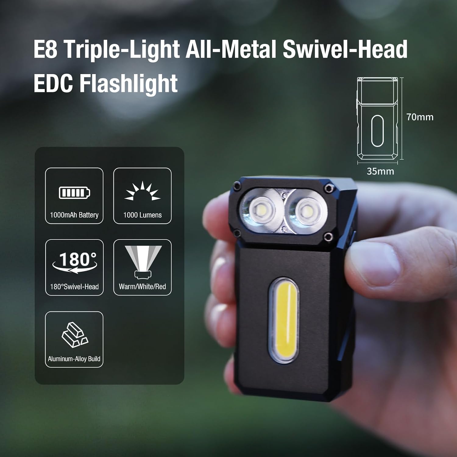 Detalle de KLARUS E8 EDC : lampe torche rechargeable triple lumière, tête pivotante 180° et éclairage de travail