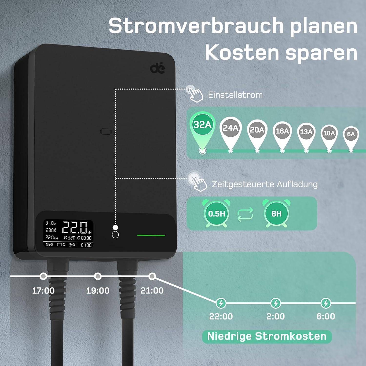 Detalle de dé Wallbox 22kW mit APP – 7,5 m Typ 2 Kabel, IP54, 3-Phasen EV-Ladegerät (6–32A, 400V)