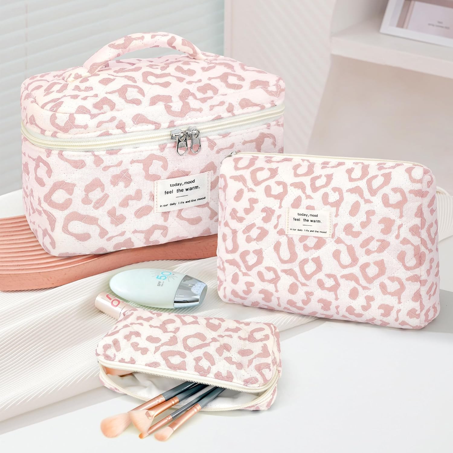 Thumbnail 5 de YMIFEEY 3er Kosmetiktasche Set Rosa Leopard – Groß, Mittel und Klein aus Baumwollfaser
