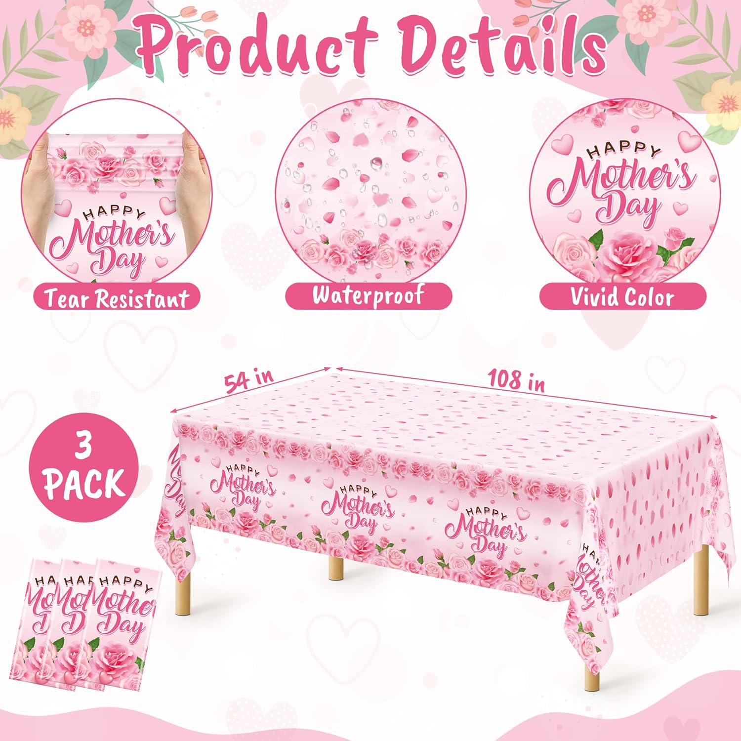 Thumbnail 1 de QZYL 3 Pack Mother's Day Table Cloths (108" x 54"), Pink Waterproof Disposable Decor with Roses