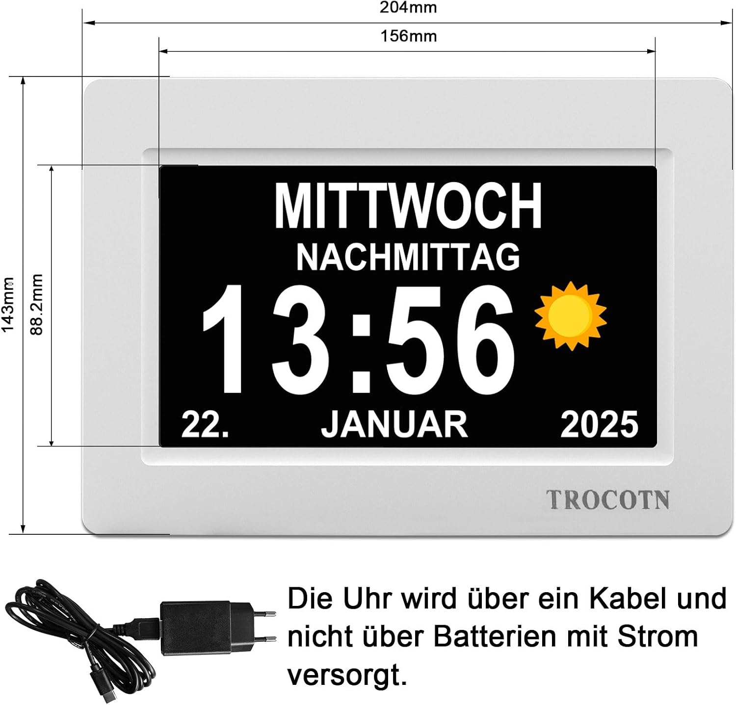Detalle de 7 Zoll TROCOTN Demenz Uhr Senioren Kalenderuhr