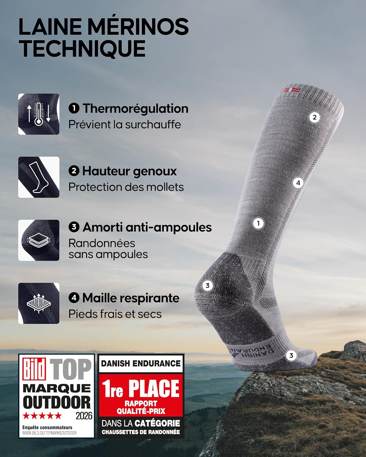 Thumbnail 1 de DANISH ENDURANCE Chaussettes de Randonnée en Laine Mérinos montantes – confort thermique et rembourrage épais