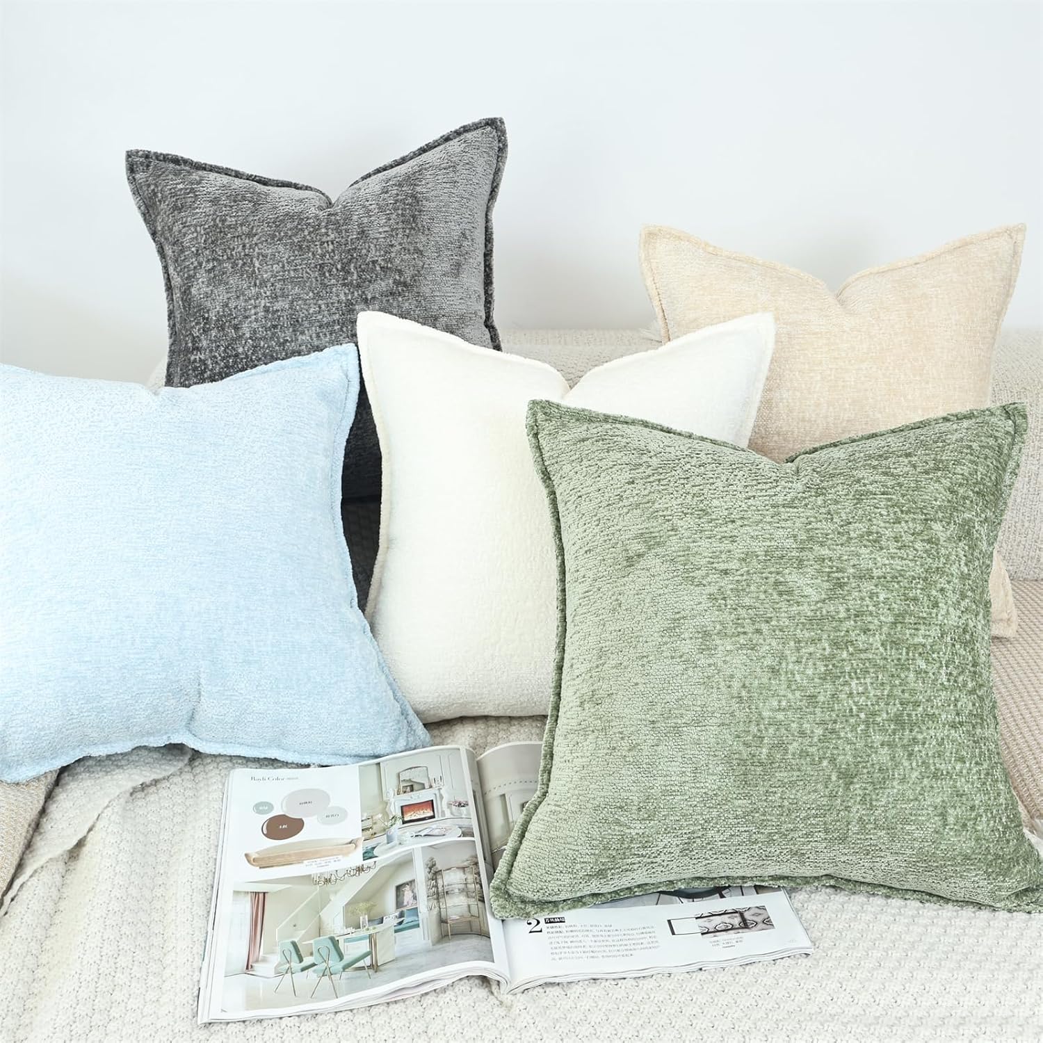 Thumbnail 6 de OYIMUA Set of 2 Chenille Cushion Covers (50cm x 50cm) – Cream square throw pillow cases