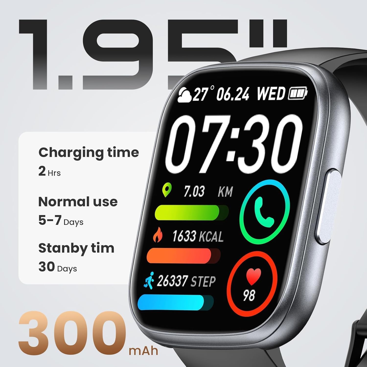 Thumbnail 1 de Poounur T80 Smart Watch with Bluetooth Calling, 1.95" HD Display and 110+ Sport Modes (IP68, Black)