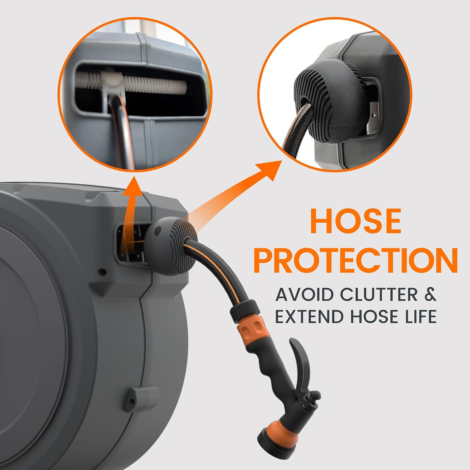 Detalle de Giraffe Tools Retractable Wall Mounted Hose Reel (30+2m) with 7-in-1 Spray Nozzle, EUAW-30, Grey
