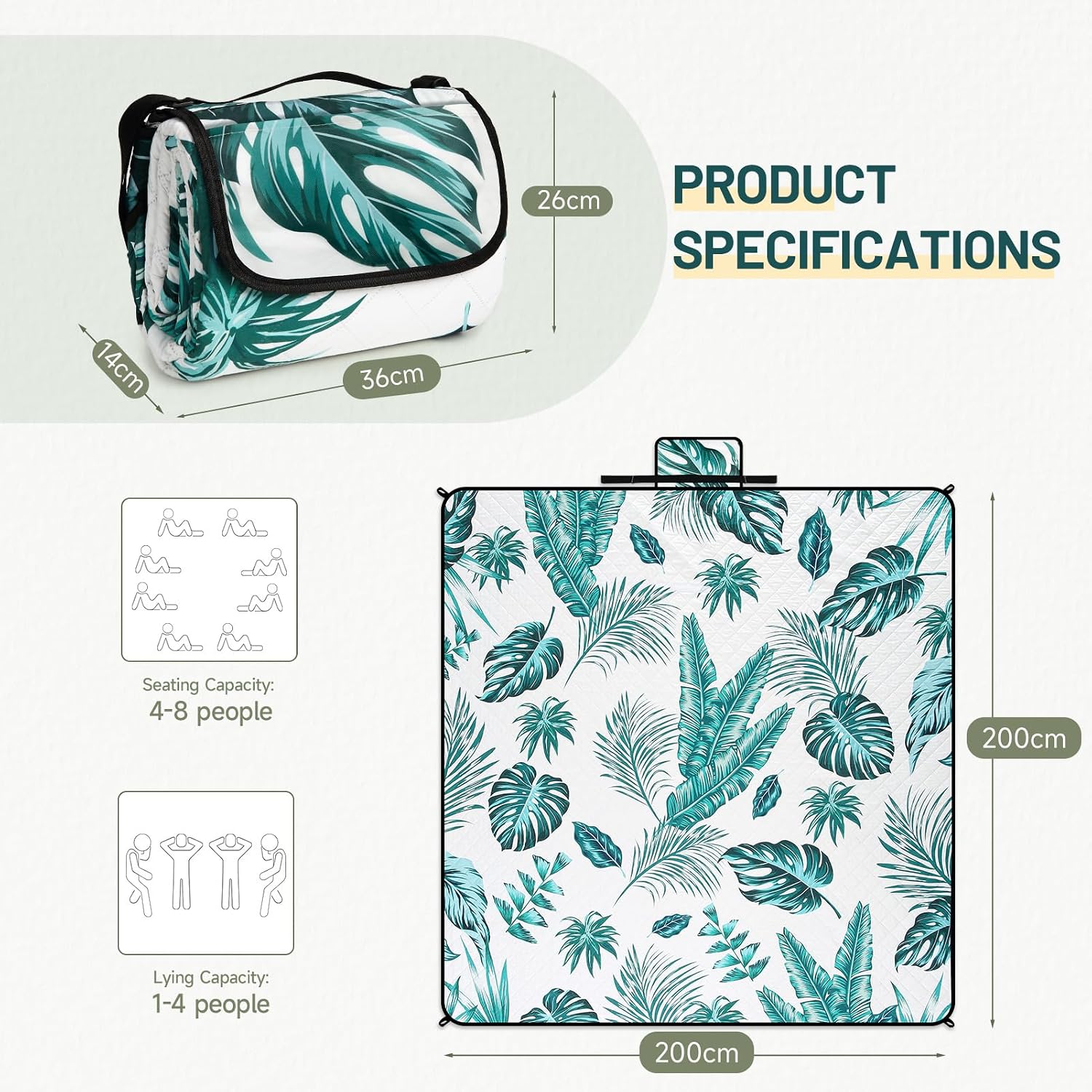 Detalle de Aptliton Picnic Blanket 200 x 200 cm – Large Waterproof Mat with Carry Strap