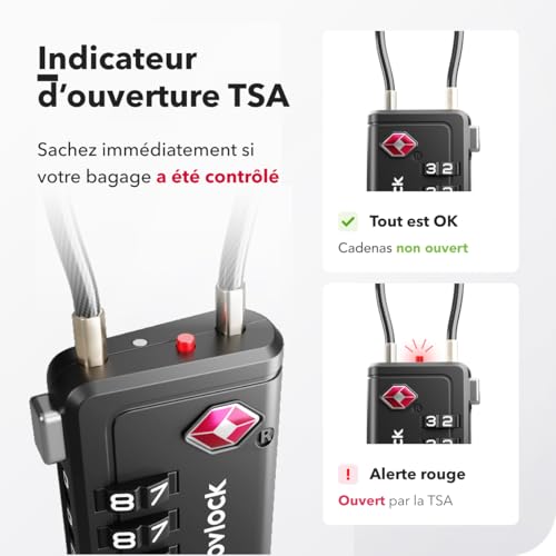 Detalle de Cadenas TSA à 4 chiffres avec Indicateur d’ouverture – NovLock (Lot de 2, Noir) pour valise, bagage cabine et sac à dos